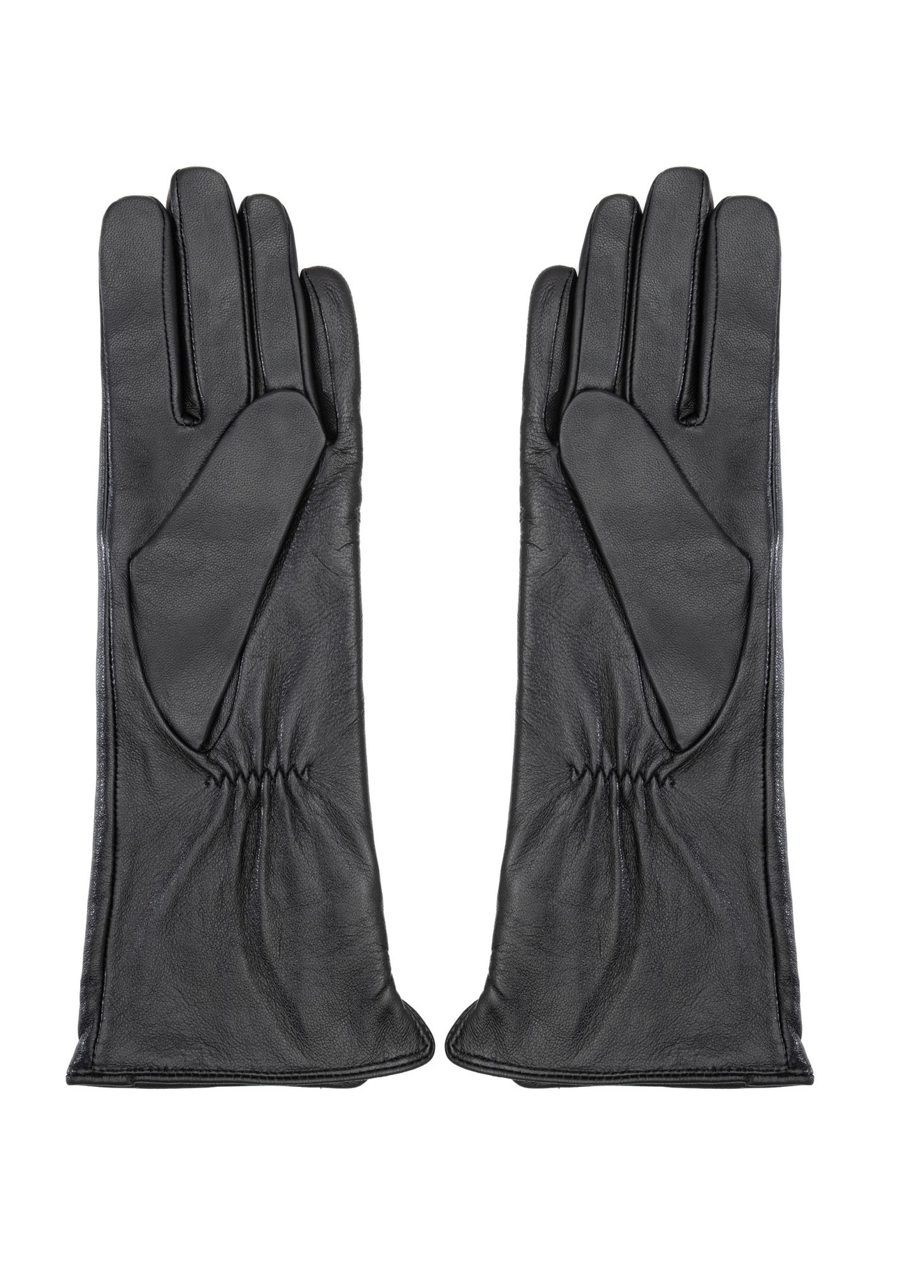 Long brown leather women's gloves REKDS-0082A-1I(Z26), product view from the back on a white background.