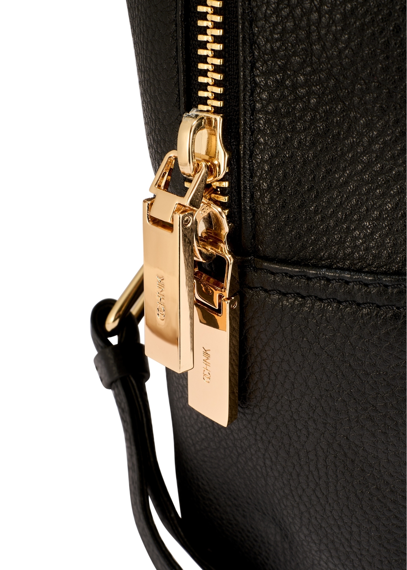 Black medium leather women's backpack TORES-1268-9I(W26), close-up of product detail on white background.
