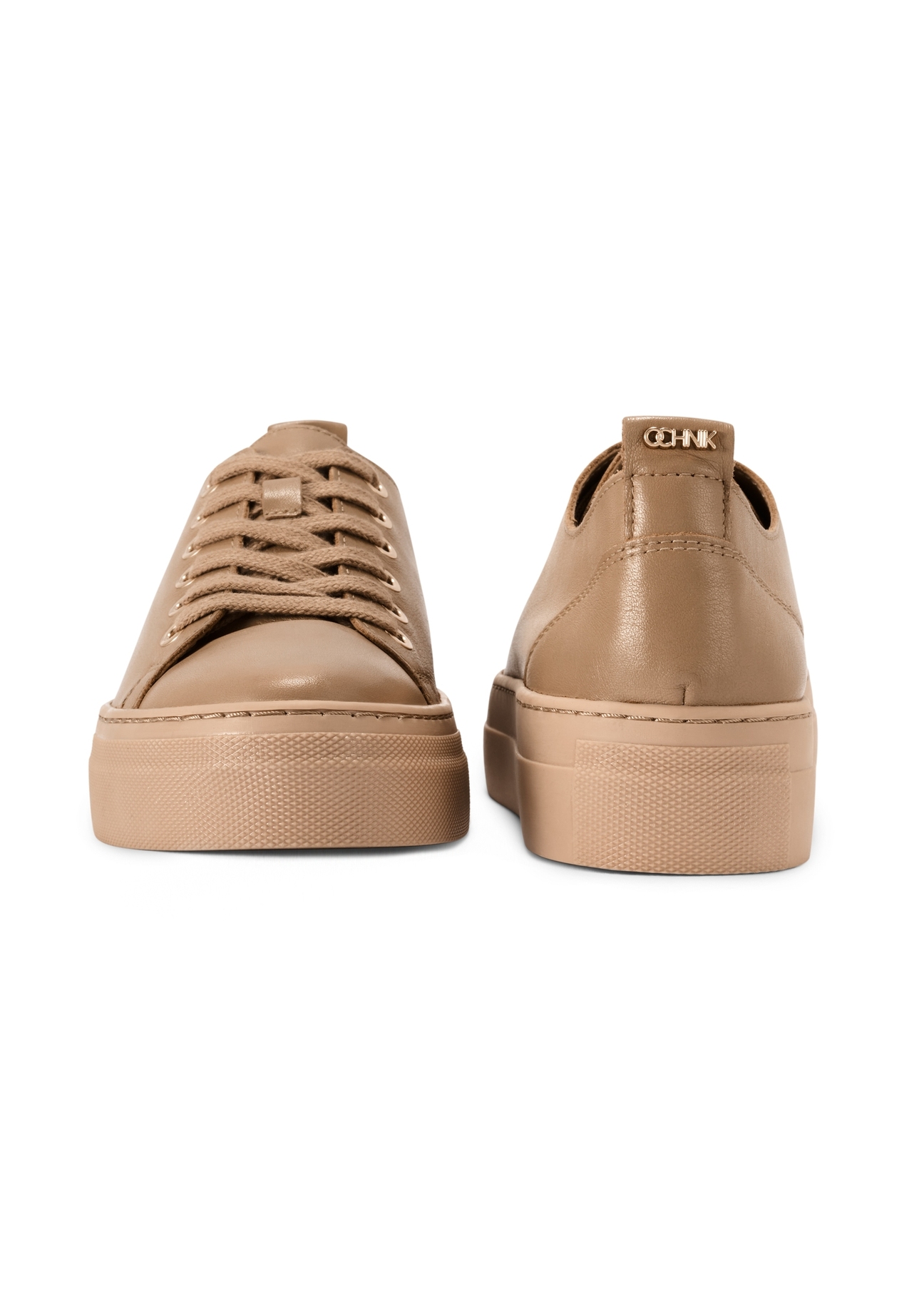 Beige women's leather sneakers BUTYD-1062-1B(W26) - front and back product view, on a white background.