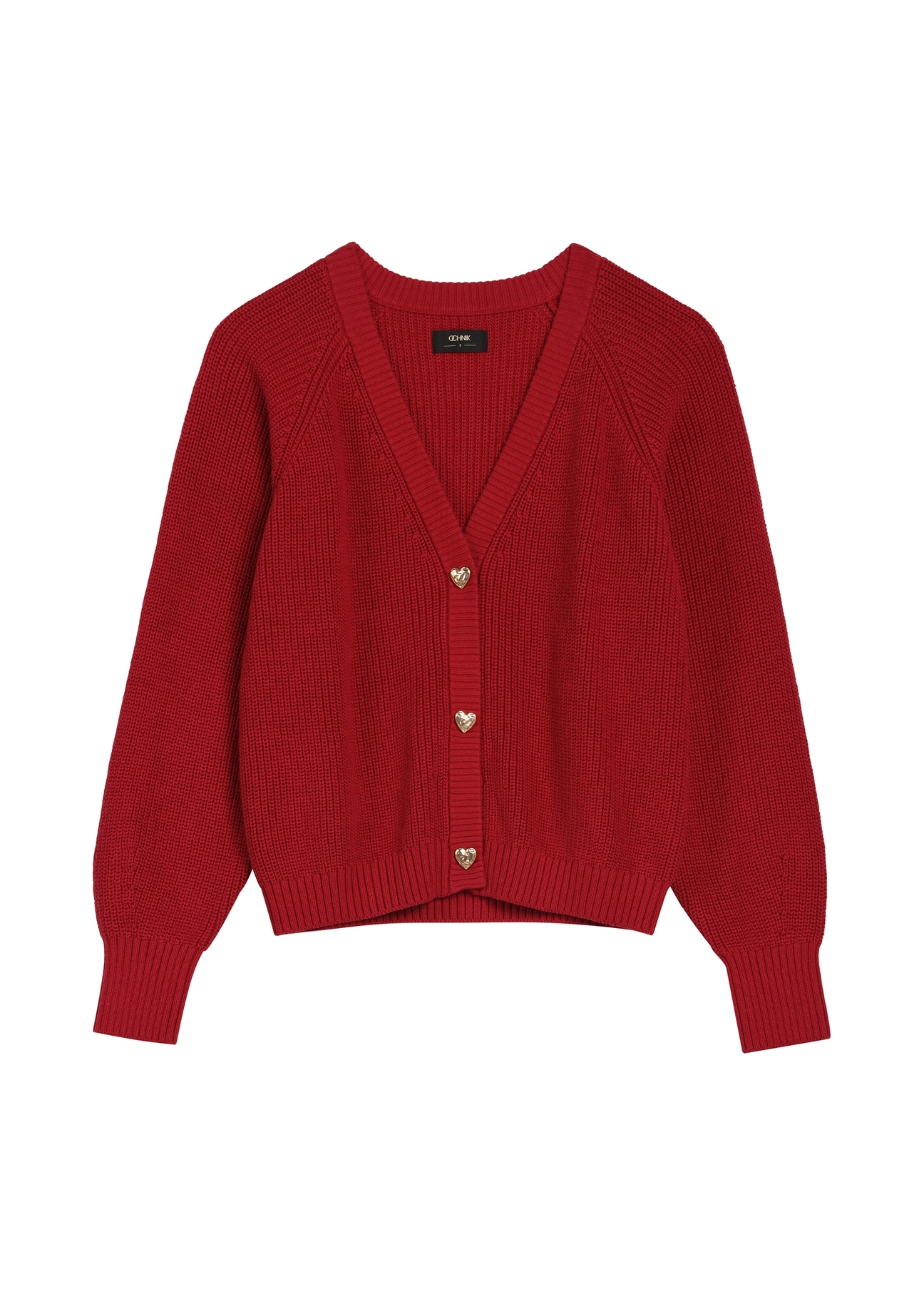 Red women's cardigan KARDT-0062-4B(W26), front product view on white background.