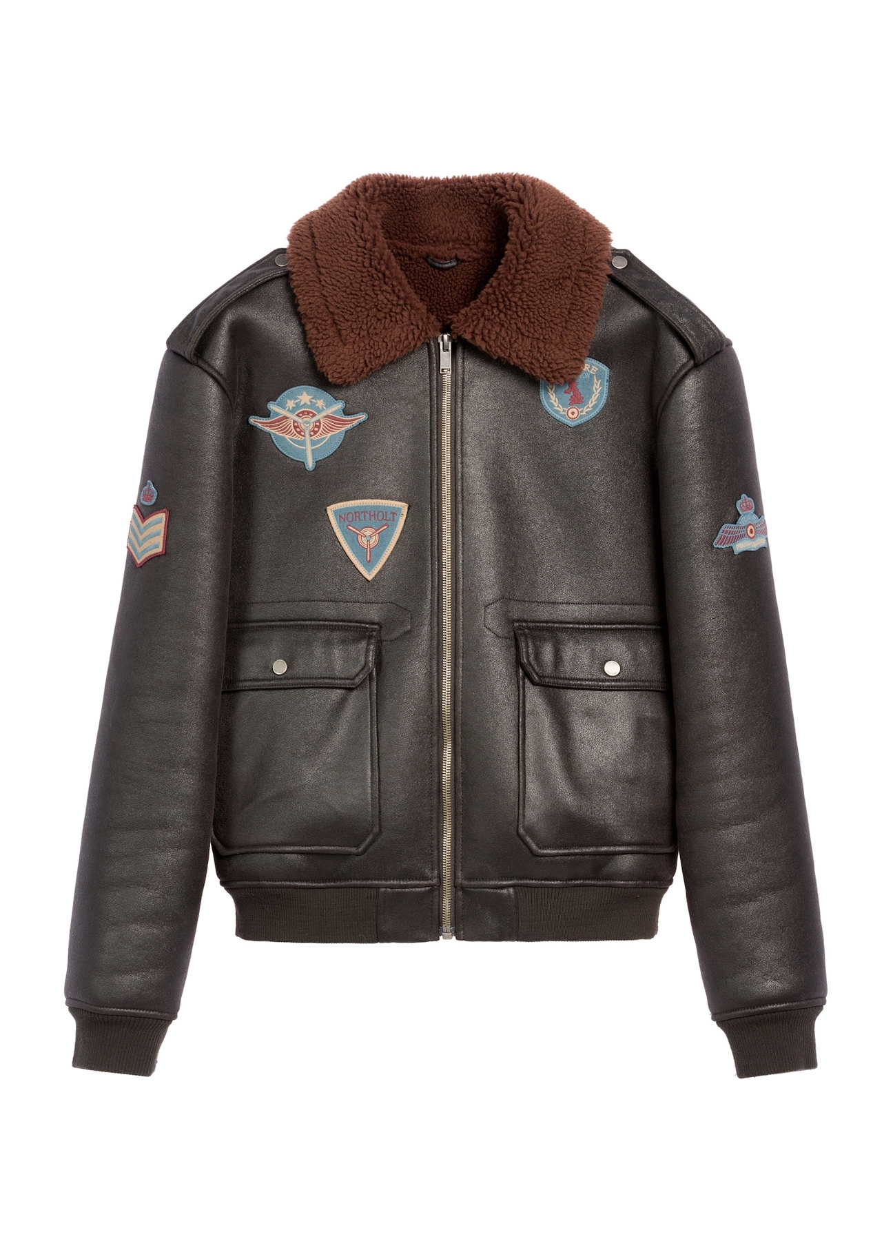 Brown men's sheepskin coat in aviator style KOZMP-0007-90(Z25) - front view of the product on a white background.