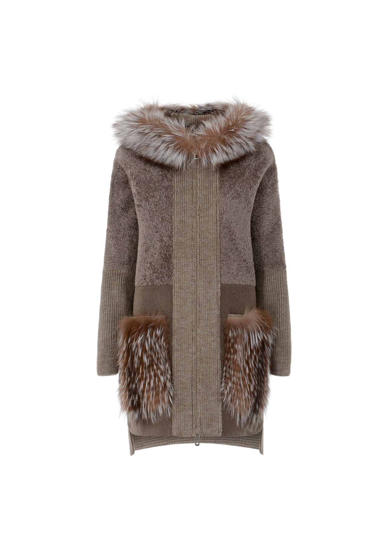 Krótki kożuch damski oversize z kapturem KOZDS-0049-0996(Z21)-04