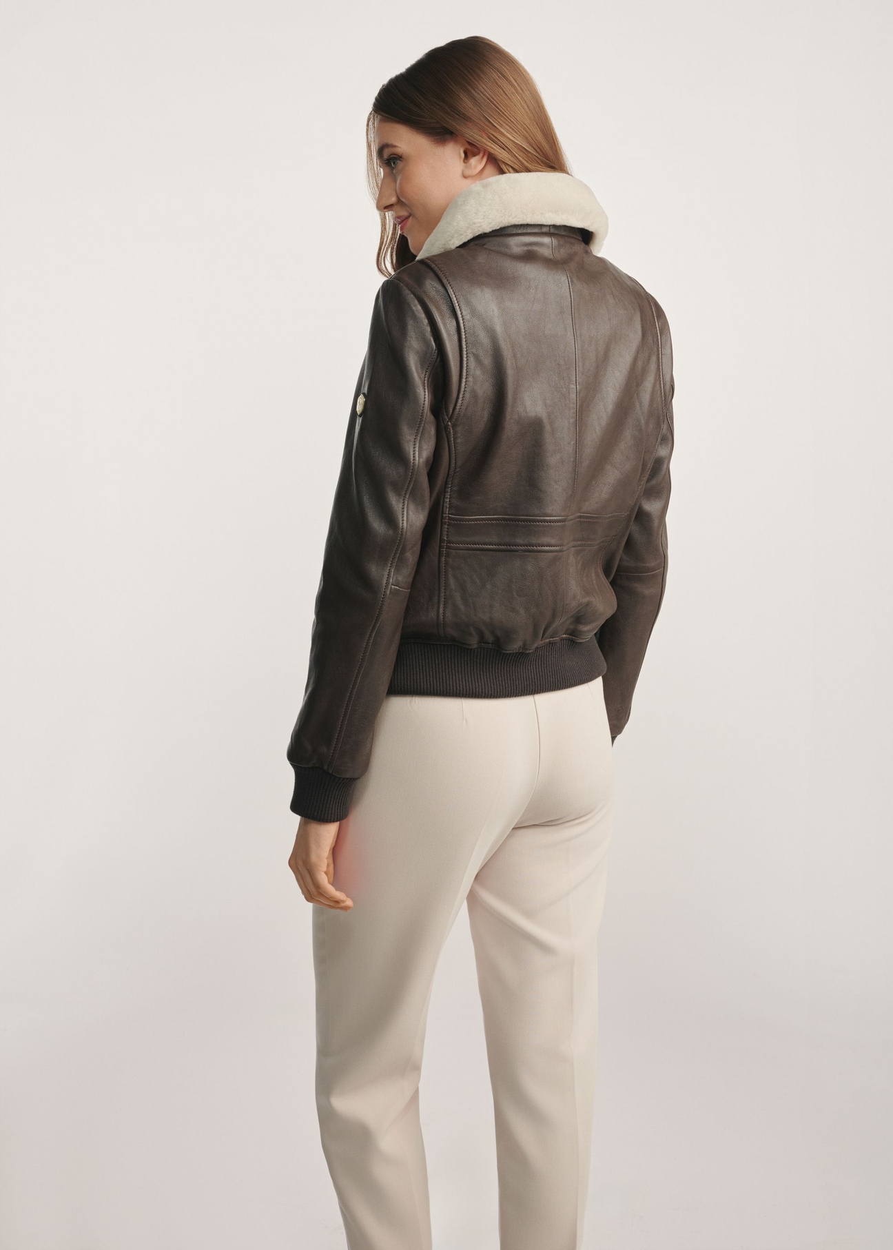 Brown leather jacket with collar KURDS-0505-1H(Z26)- product view from the back against a white background. Full silhouette visible.