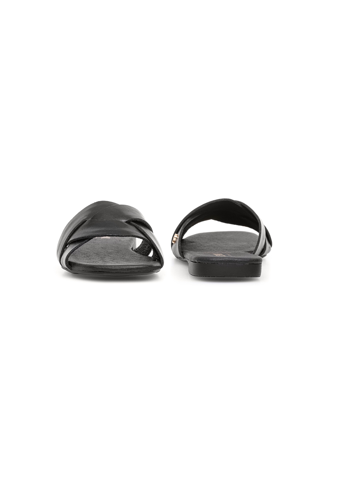 Women's leather flip-flops in black BUTYD-1159-99(W25), front and back view of the product on a white background.