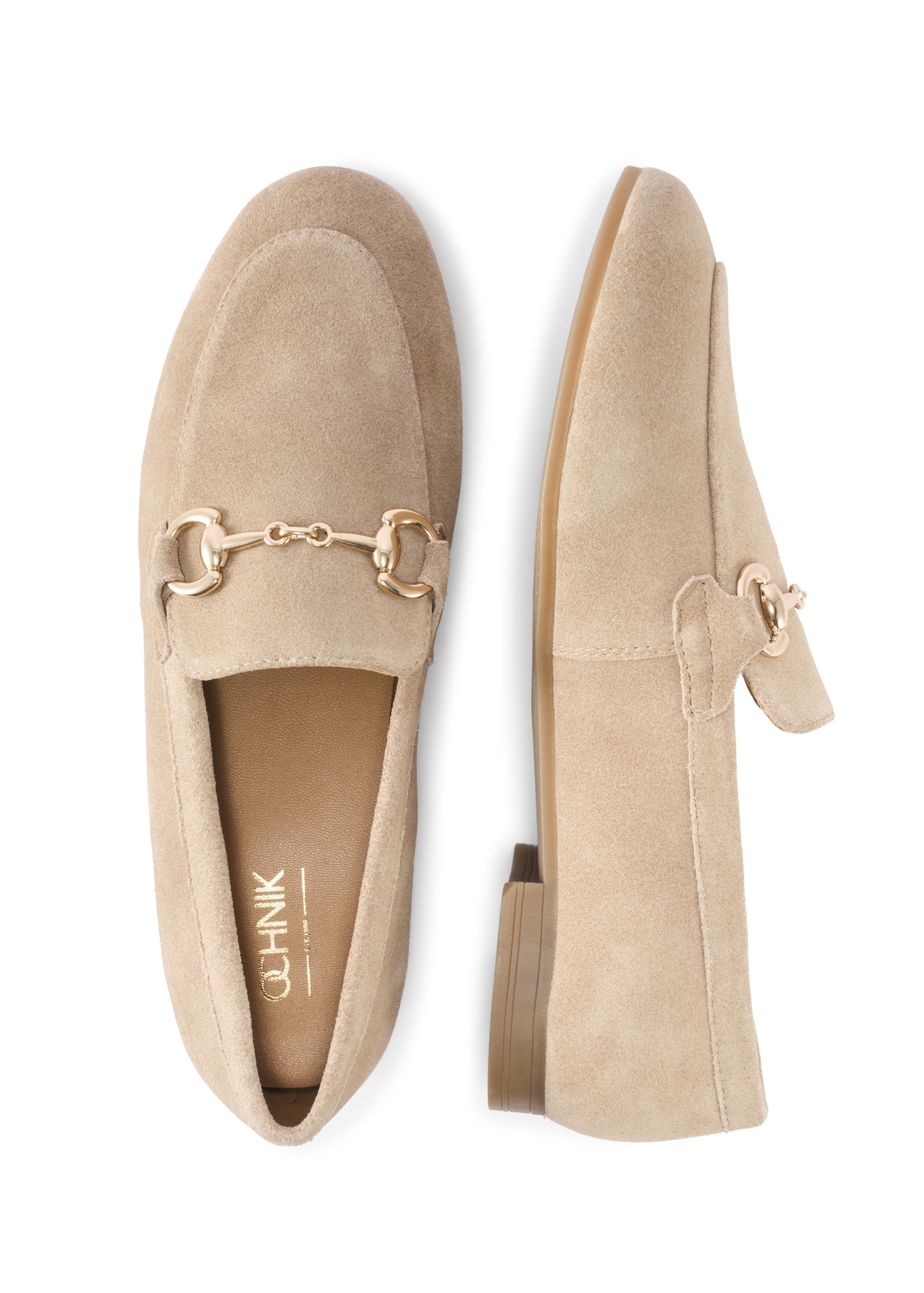 Dark beige suede women's moccasins BUTYD-1257-1K(W26), product view from above on white background.