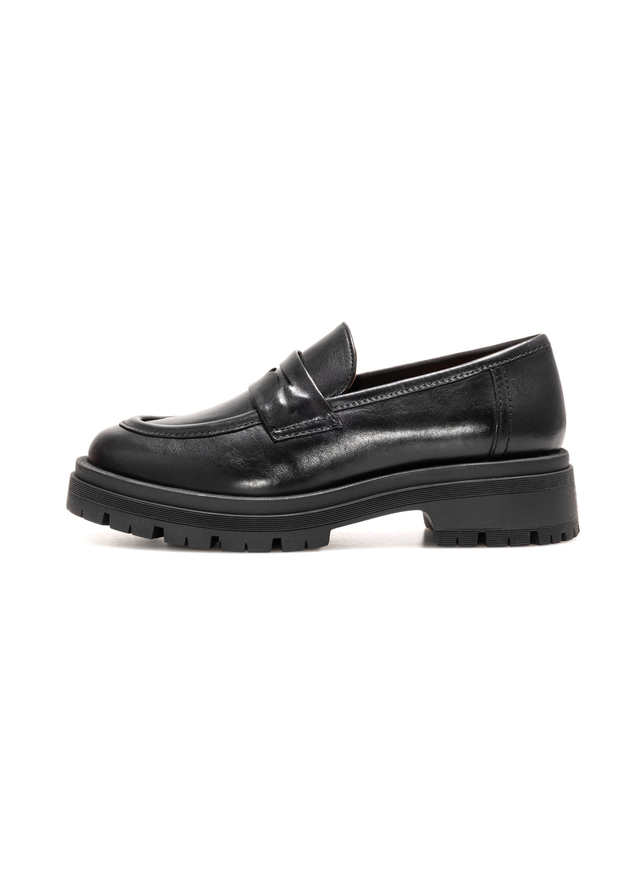 Women's leather moccasins in black BUTYD-1187-99(Z25), side view of the product on a white background.
