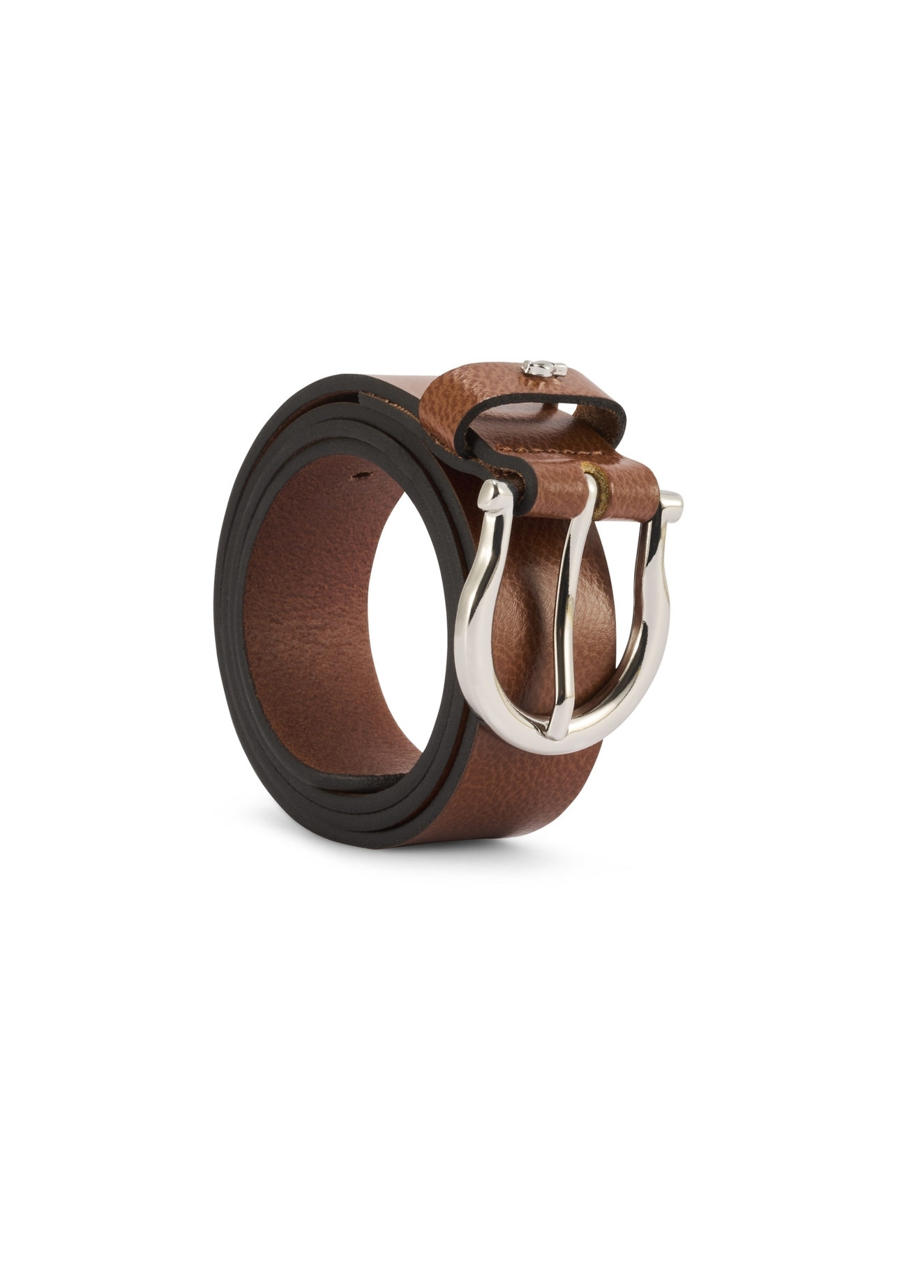 Brown leather women's belt PASDS-0274B-88(Z25), product view rolled up on white background.