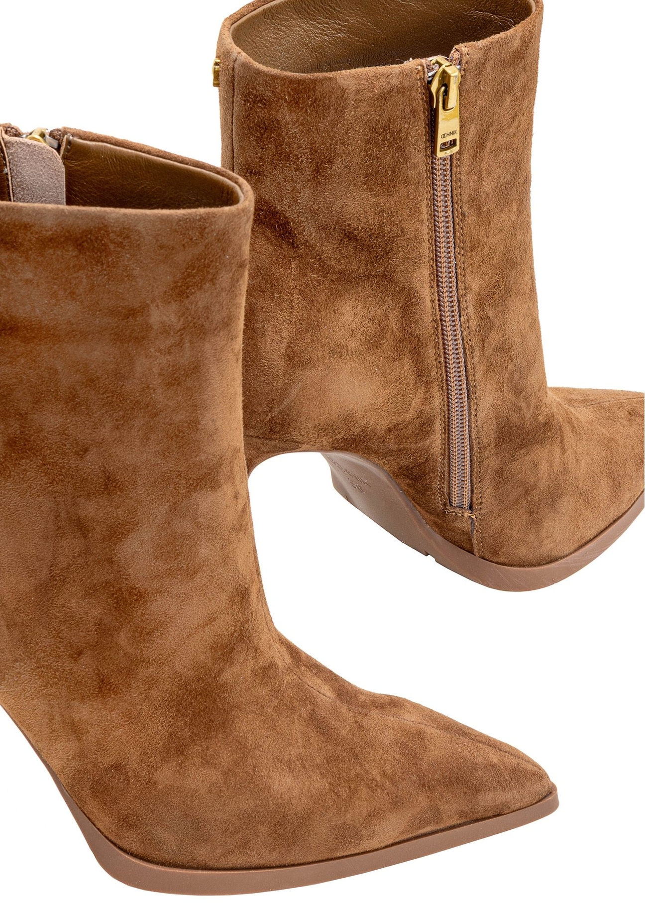 Cognac suede high-heel ankle boots BUTYD-1207-1F(Z26), close-up of the product on a white background.