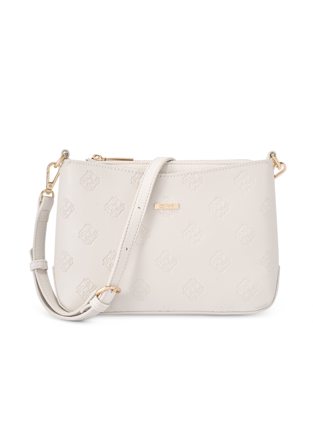 Cream women's handbag with monogram TOREC-1159-0B(W26), front product view on white background.