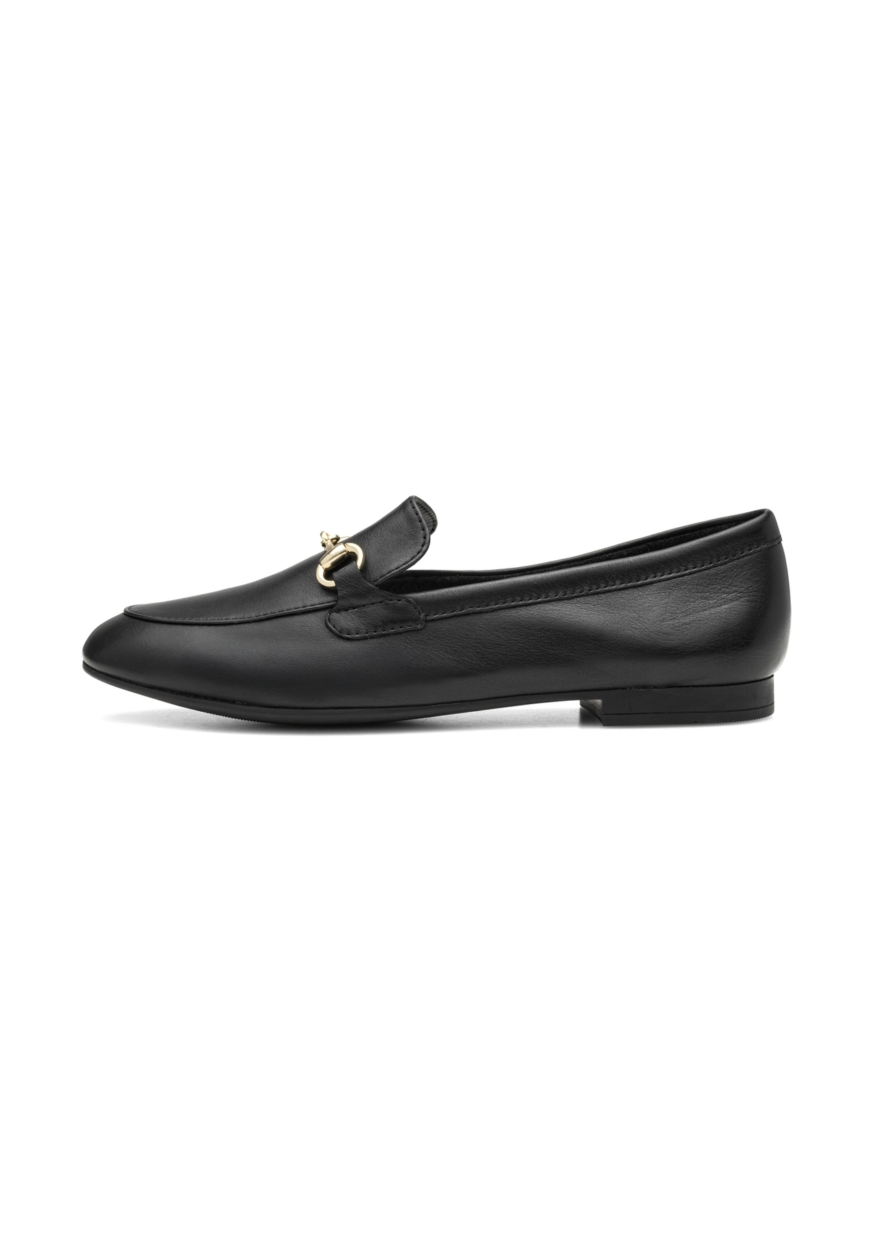 Women's leather black moccasins BUTYD-0916A-99(W26), side view of the product on a white background.