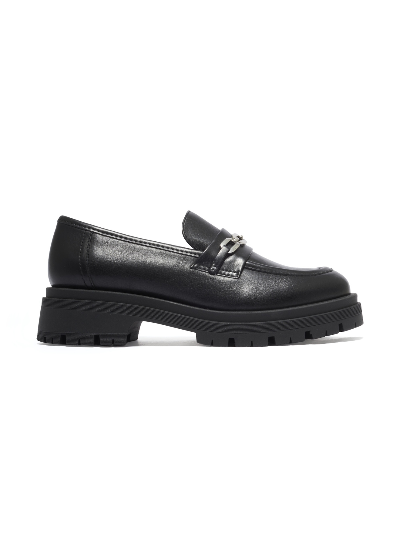 Women's black leather moccasins BUTYD-1190-99(Z26), side product view on white background.