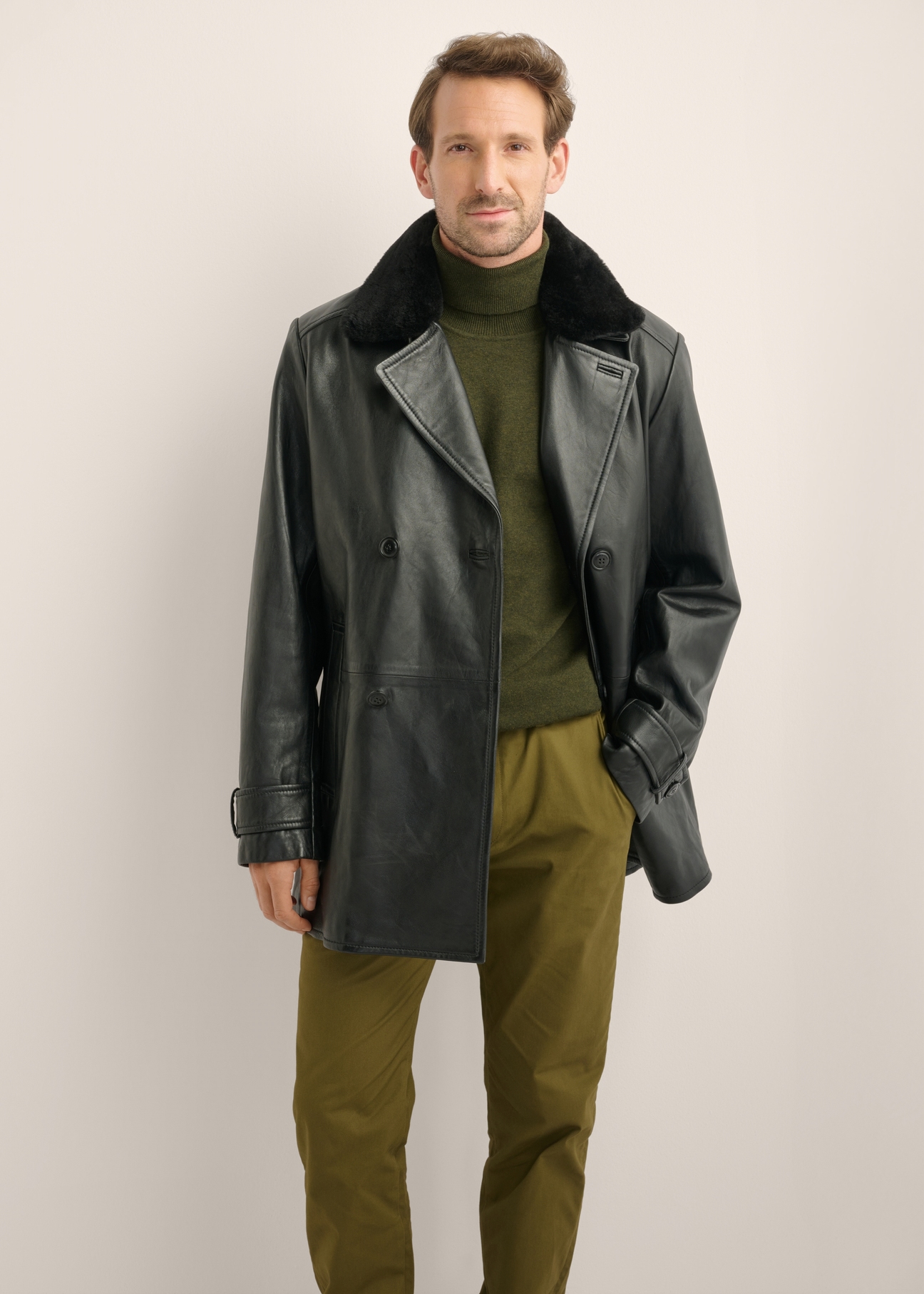 Men's black leather coat KURMS-0409-99(Z26), front view of the product on the model. Half silhouette visible.