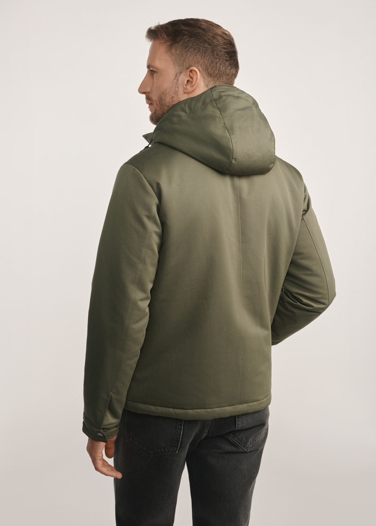 Men's khaki jacket KURMT-0386-54(Z25) - product view from the back on a model on a white background. Knee-length silhouette visible.
