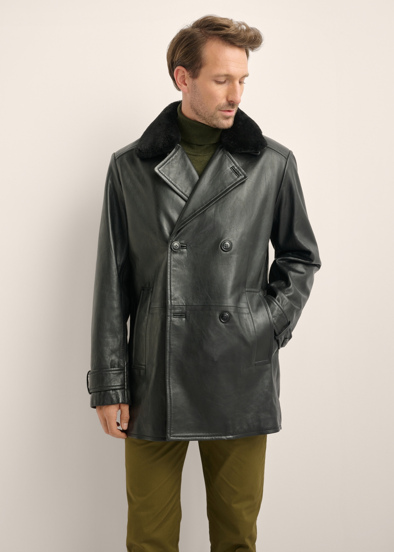 Men's black leather coat KURMS-0409-99(Z26), front view of the product on the model. Half silhouette visible.
