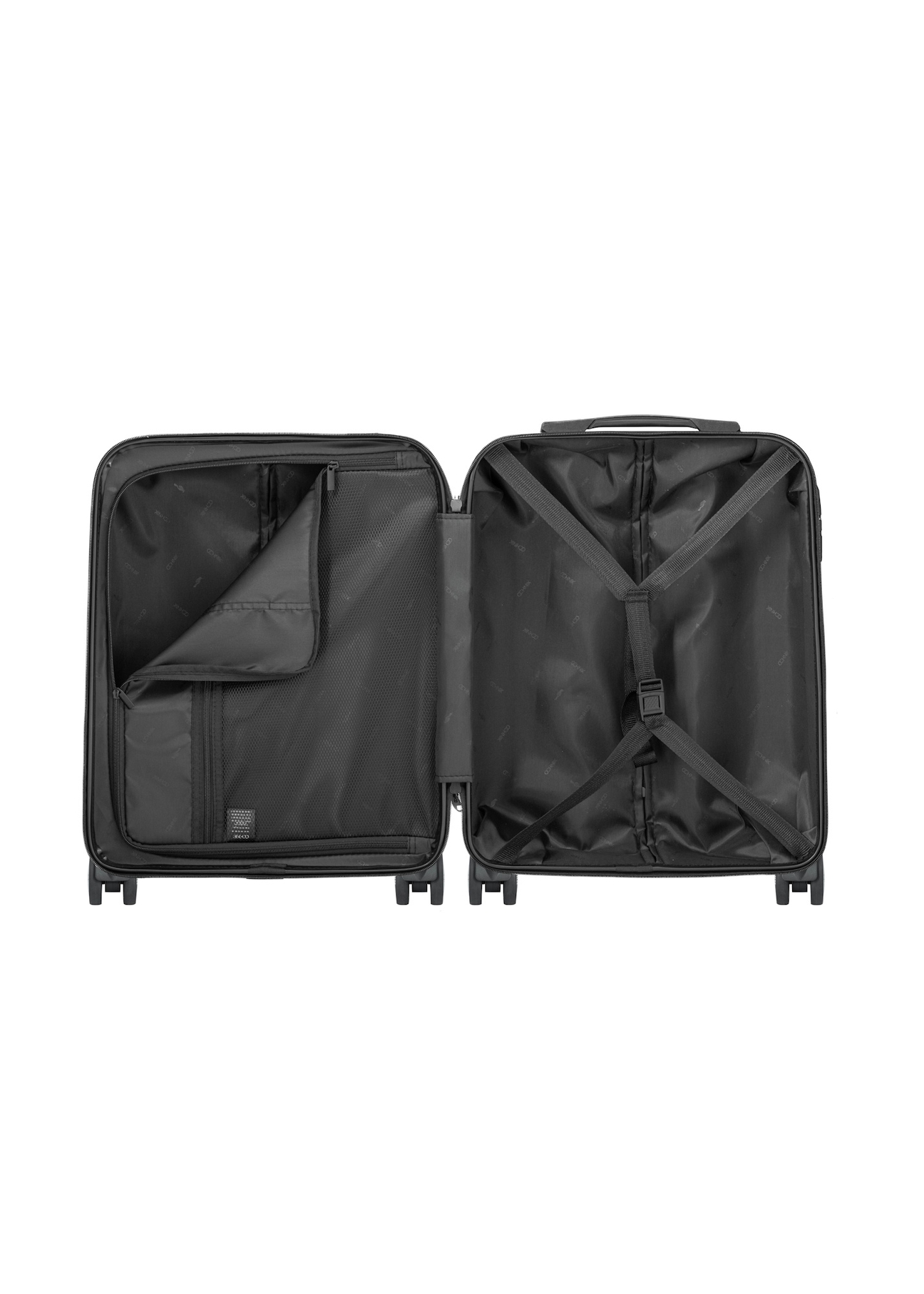 Small suitcase on wheels WALPC-0014-99-19(W26), product view inside on white background.