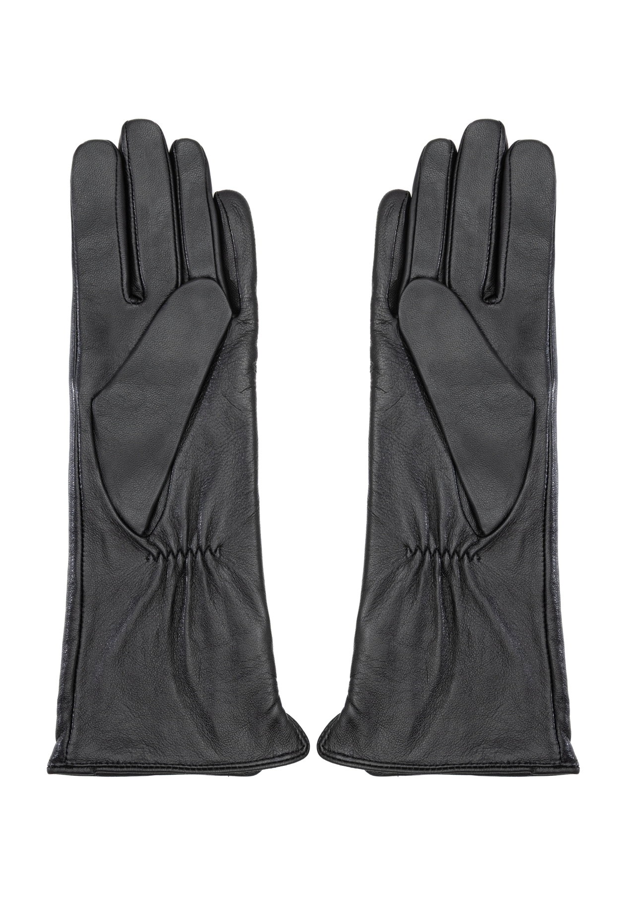 Long brown leather women's gloves REKDS-0082A-89(Z25), product view from the back on a white background.