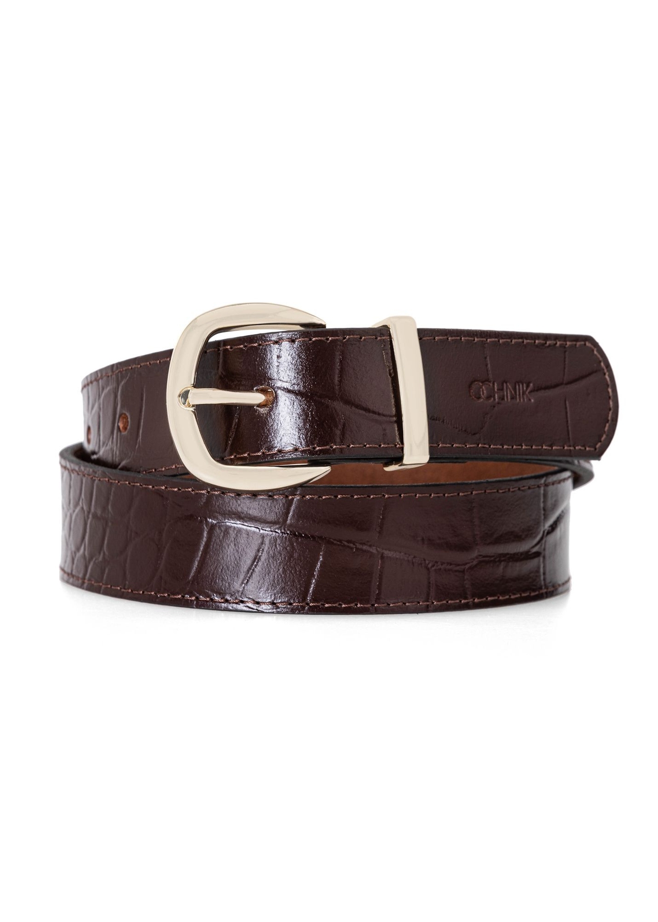 Brown croco leather women's belt PASDS-0322-1I(W26), front product view on white background.