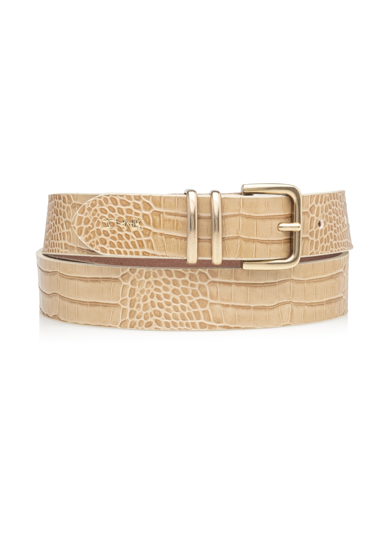 Beige leather women's belt PASDS-0341-1A(W26), front product view on white background.