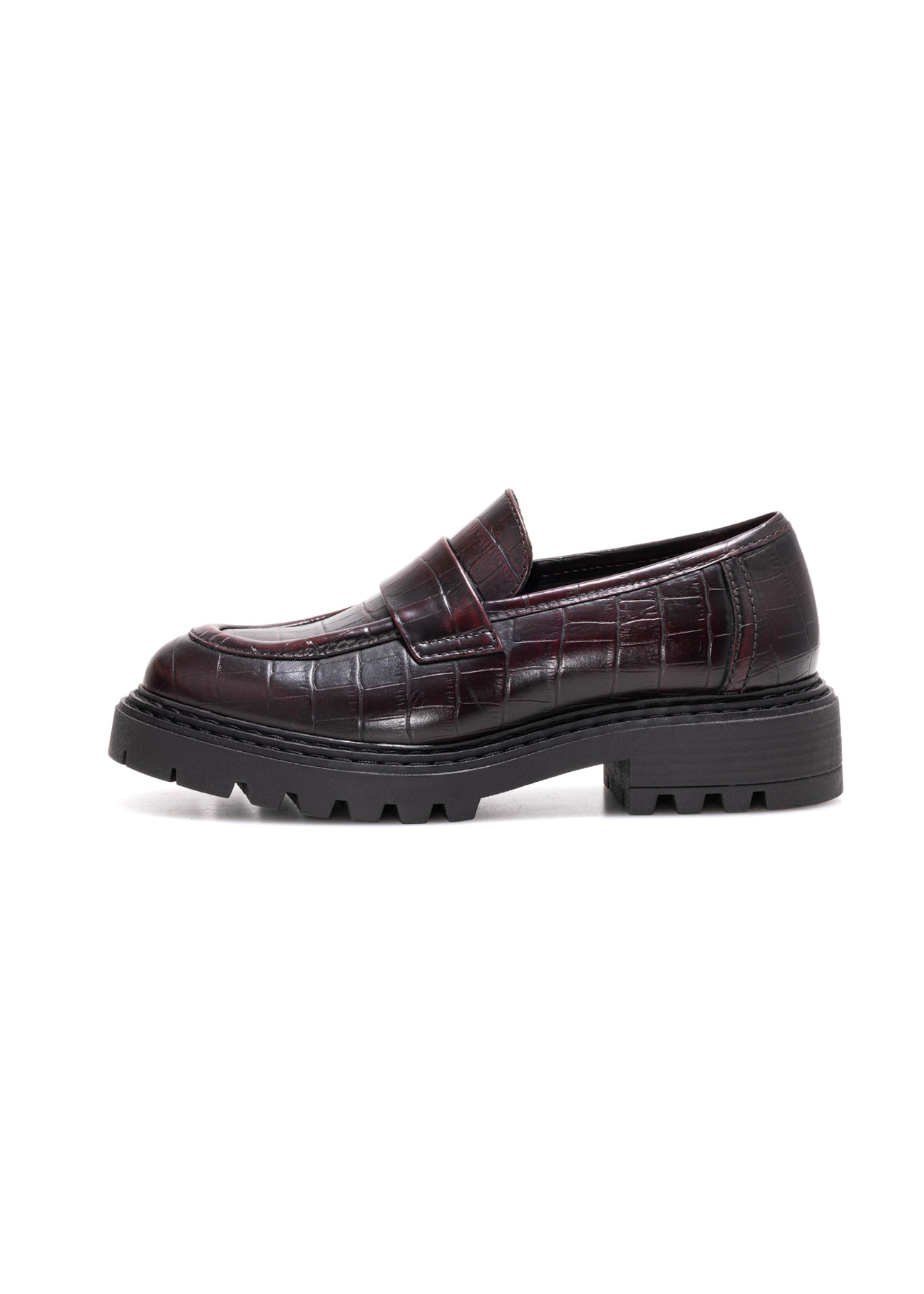 Burgundy women's croco moccasins BUTYD-1189-90(Z25), side view of the product on a white background.