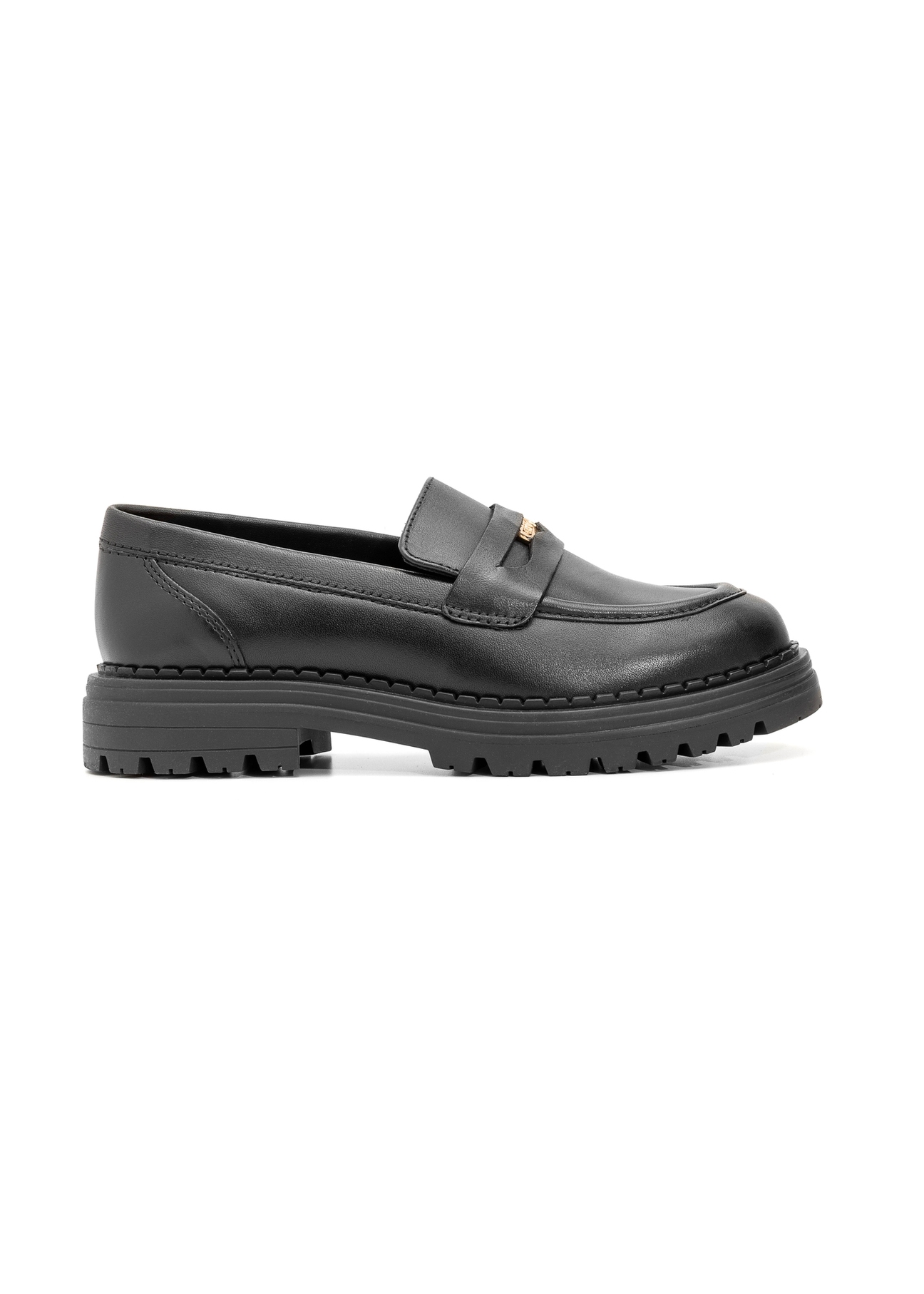 Women's black leather moccasins with logo BUTYD-1197-99(Z25), product view from the side on a white background.