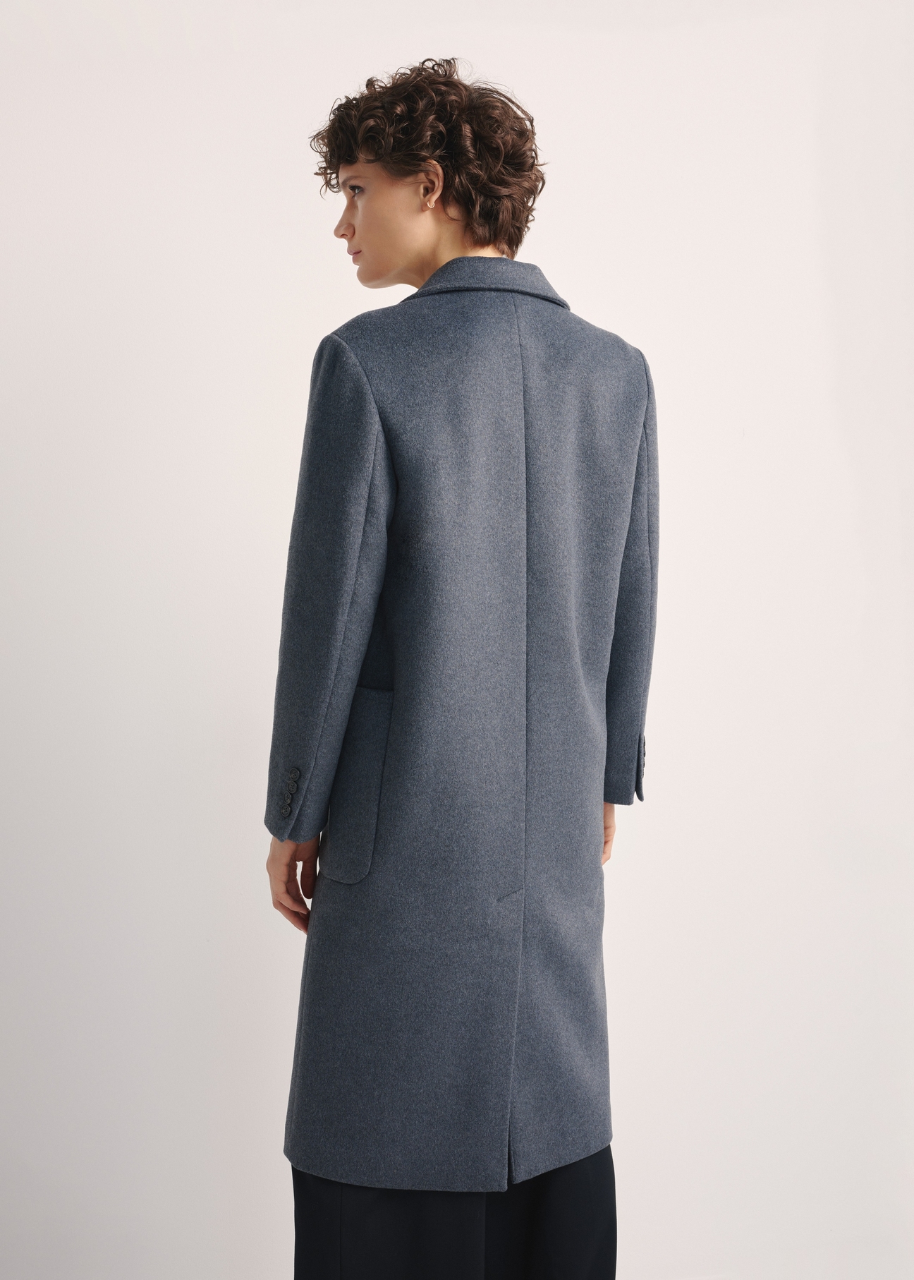 Women's Gray Wool Coat PLADT-0065-91(Z25) - Back view of the product on a model against a white background. Knee-length silhouette visible.