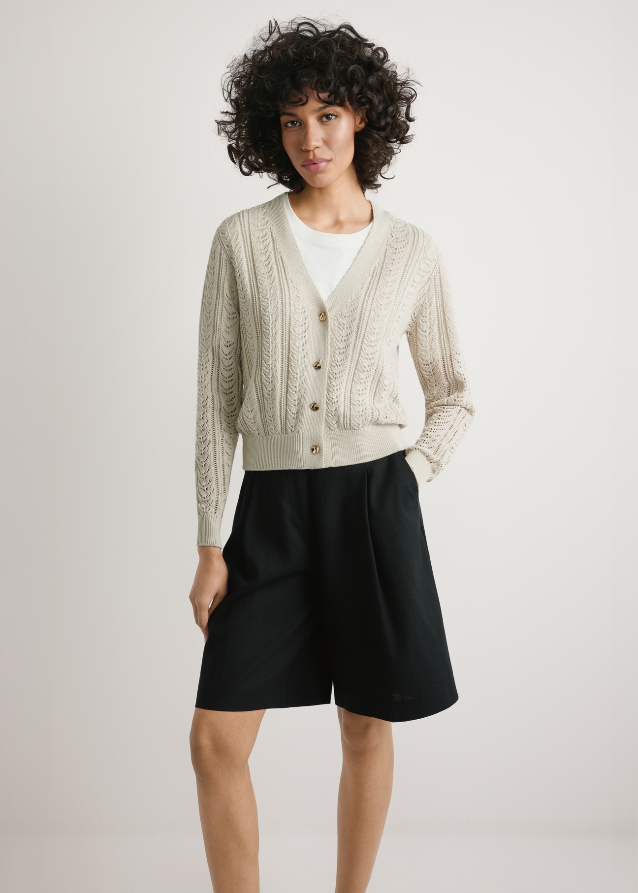 Women's openwork cardigan in light beige color KARDT-0063-1A(W26), front product view, on a white background.