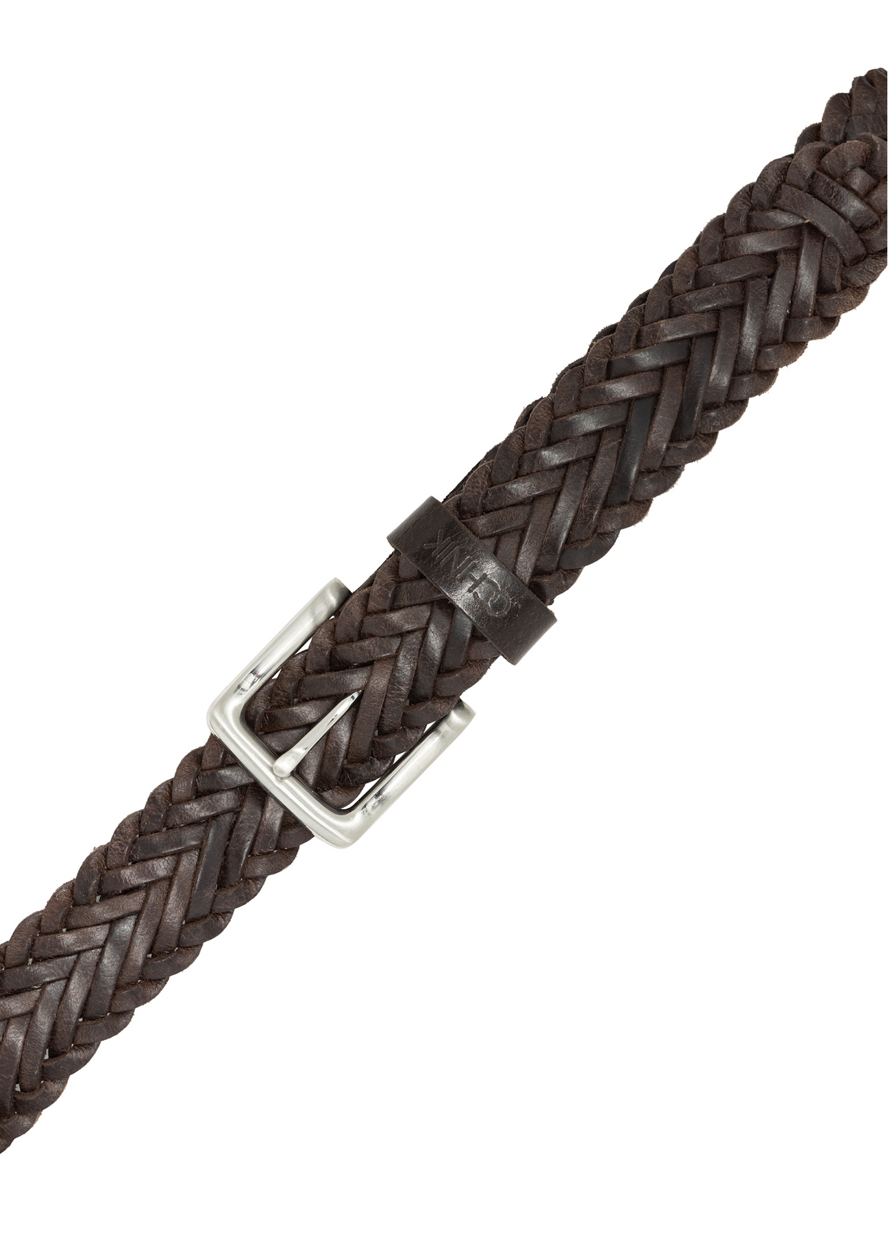 Dark brown braided men's belt PASMS-0282-1I(W26), top view of the product on a white background.