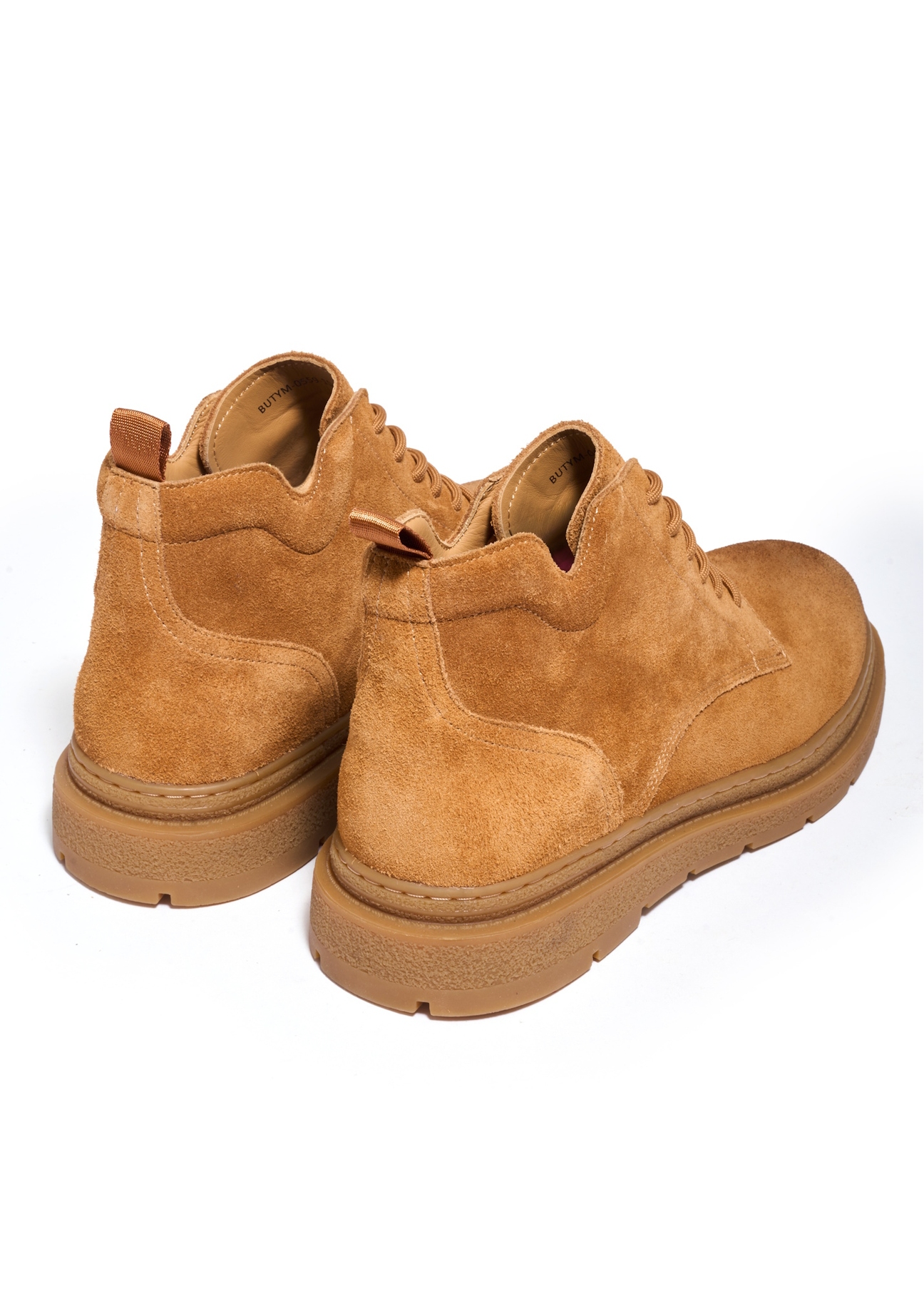 Cognac suede men's ankle boots BUTYM-0559-1F(Z26), product view from the back on a white background.