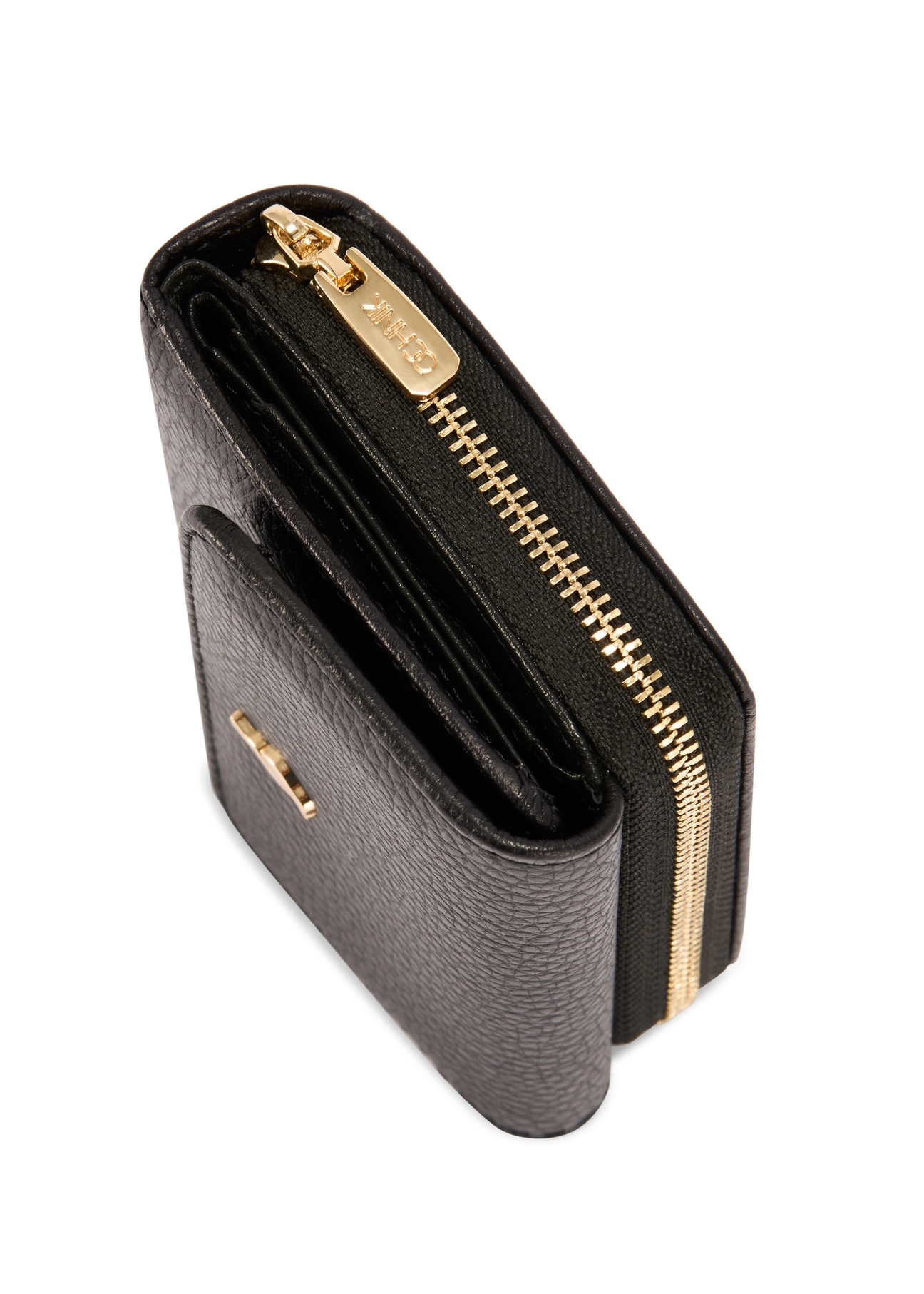 Black leather women's wallet with RFID protection PORES-0825RFID-99(Z25), close-up of product detail, view on white background.