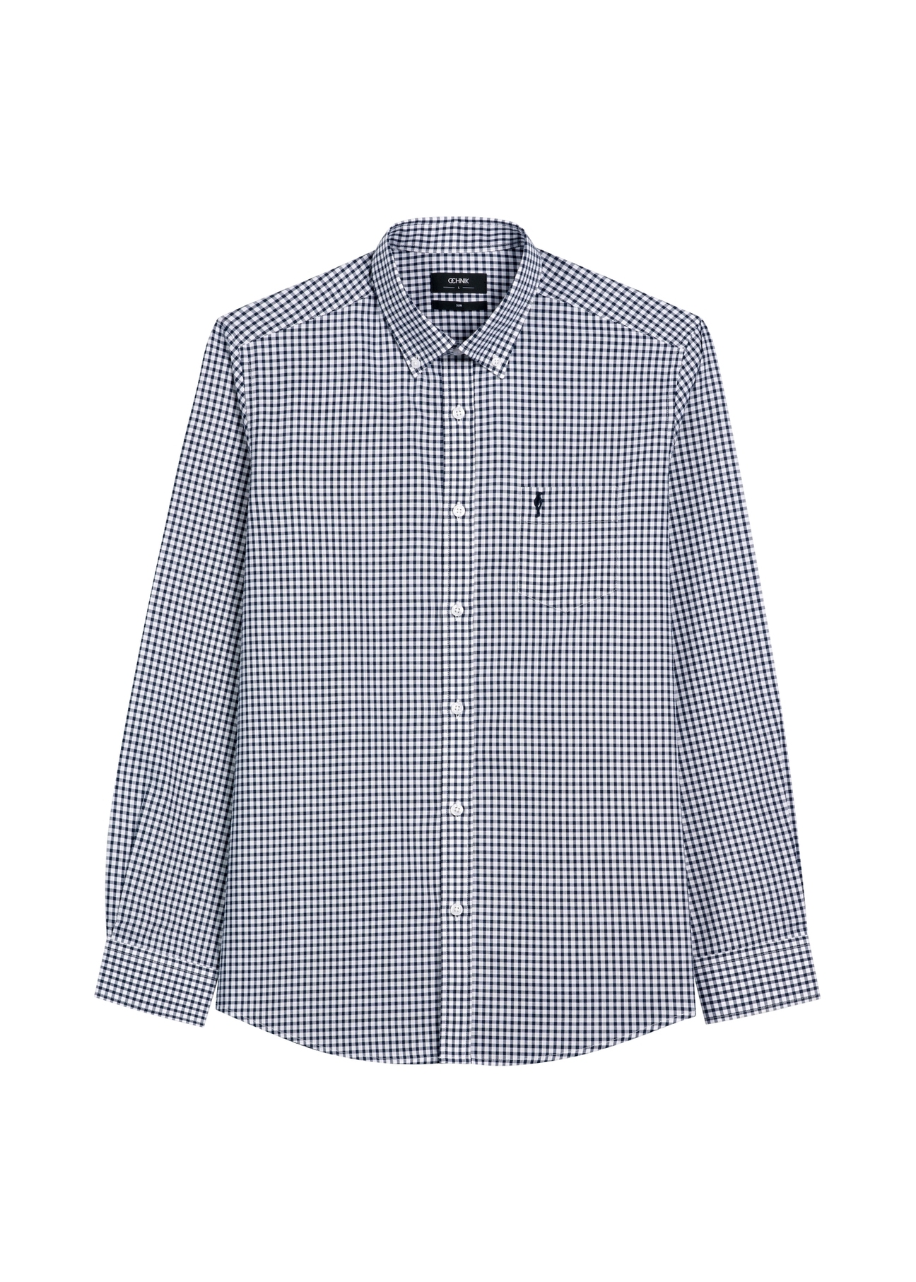 Men's navy blue checkered cotton shirt KOSMT-0277-7E(W26), front product view on white background.