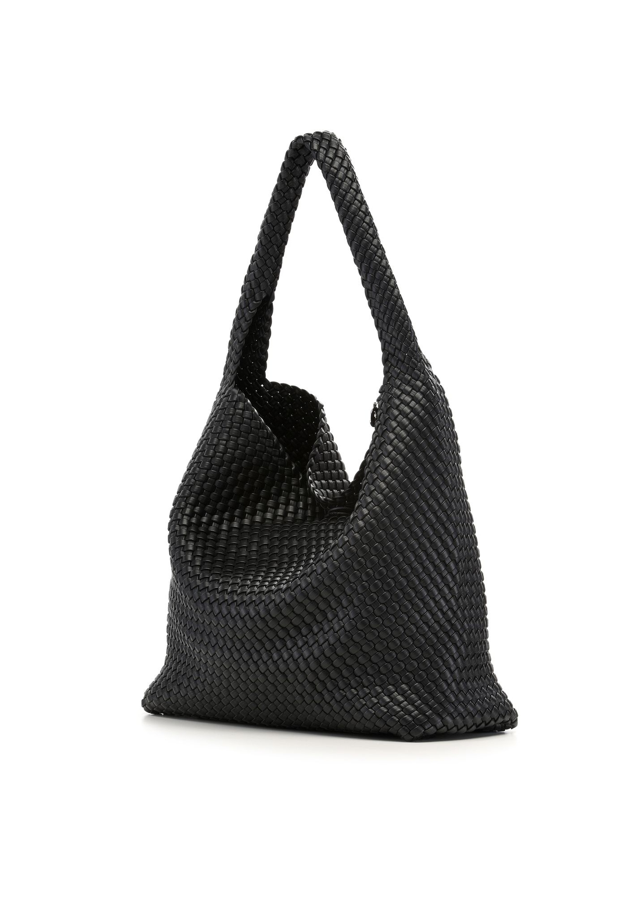 Black woven shopper bag TOREC-1148-99(W26) - diagonal product view, on a white background.