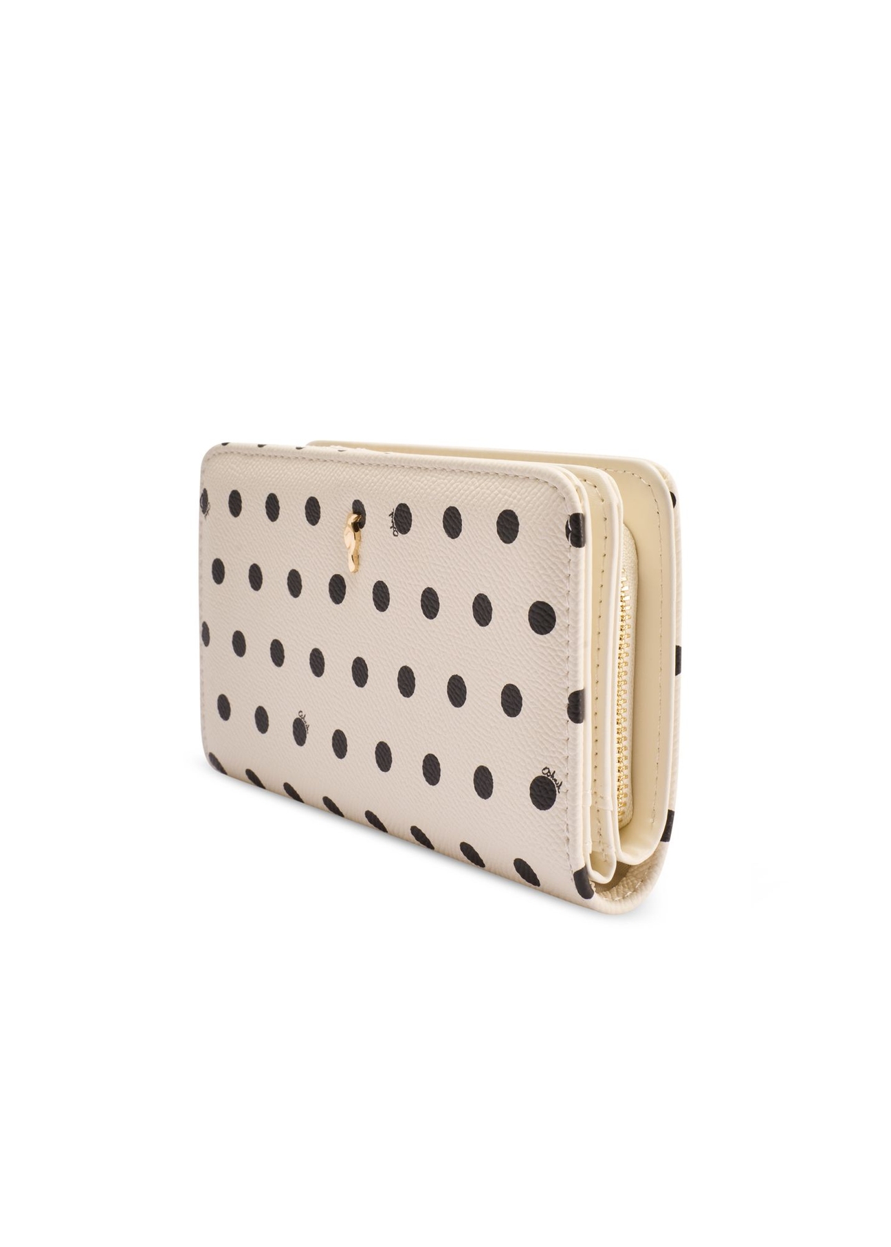 Beige polka dot women's wallet POREC-0362-0P(W26) - diagonal product view, on a white background.