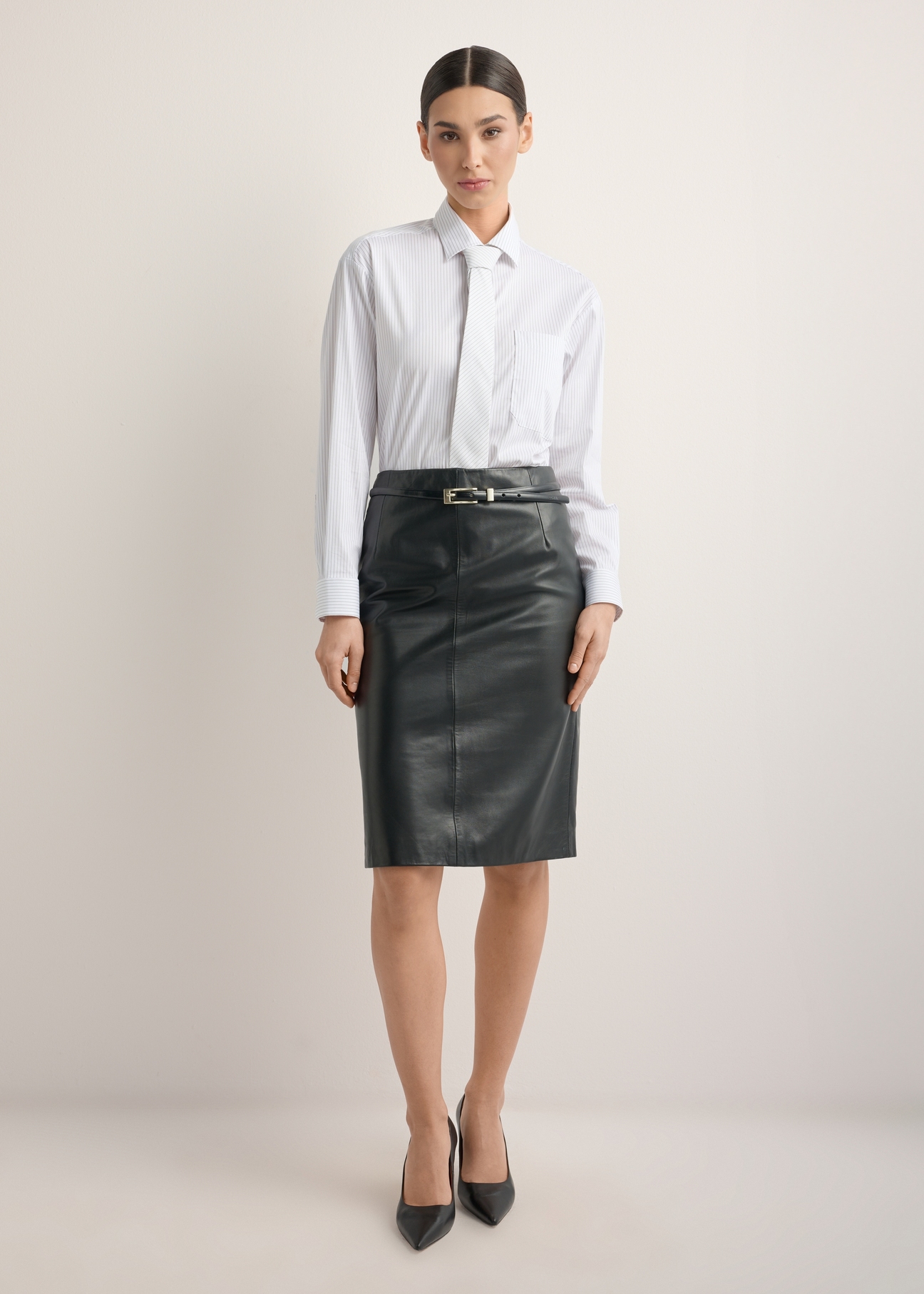 Women's striped shirt with tie KOSDT-0191-0A(Z26), product view from the back on the model, the whole silhouette is visible.