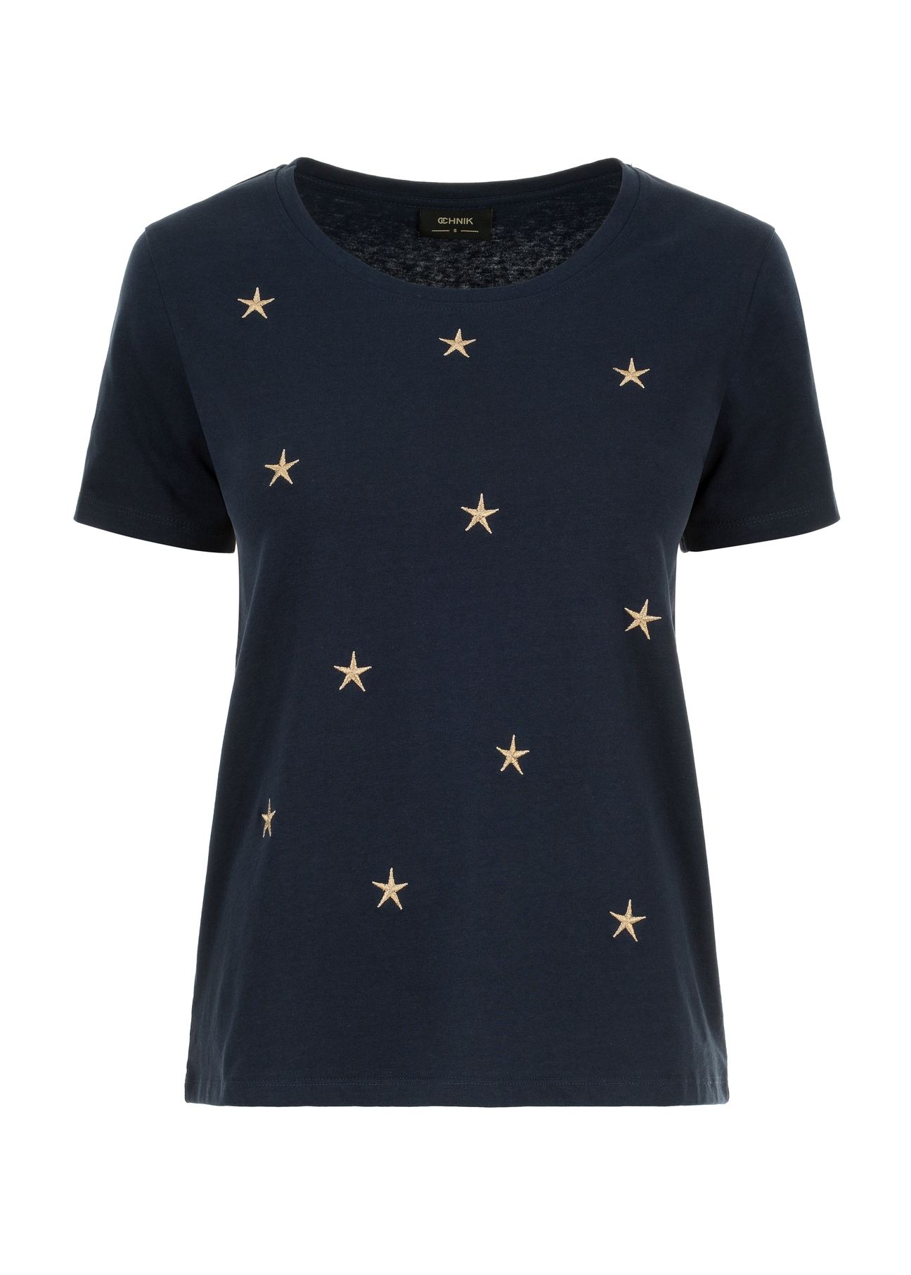 Women's navy blue T-shirt with applique TSHDT-0103-69(Z22)-04