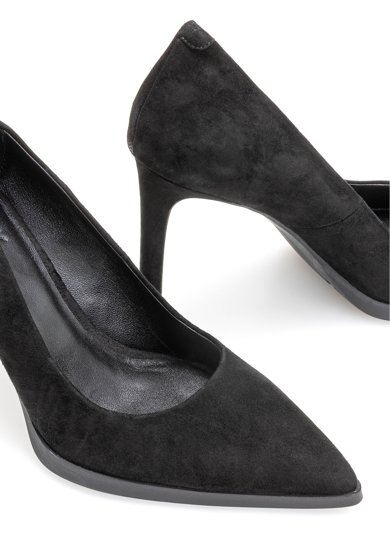 Black suede women's high heels BUTYD-1217-99(Z25), close-up of the product on a white background.