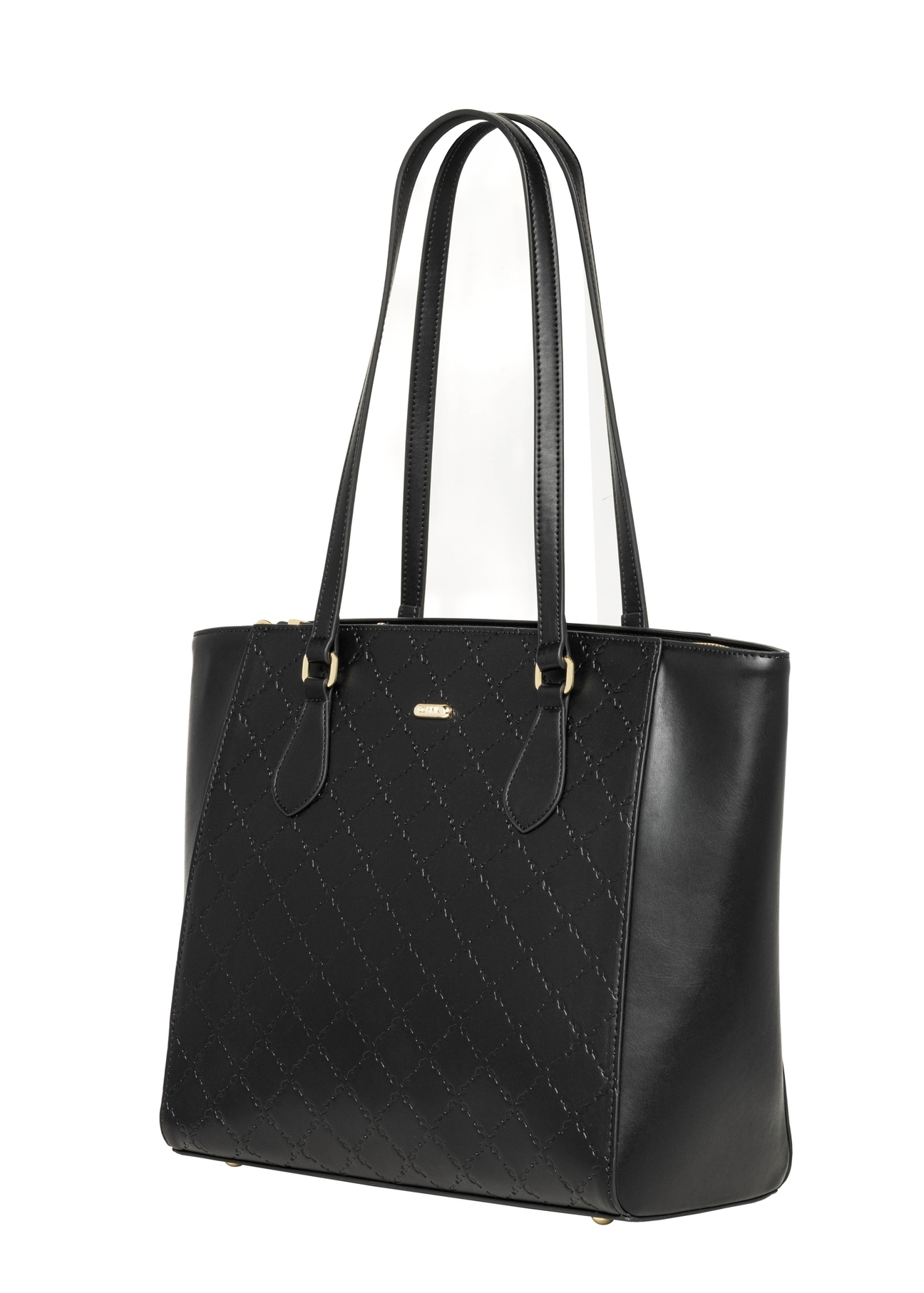 Black women's shopper bag with monogram TOREC-1291-9P(Z26), diagonal product view on a white background.