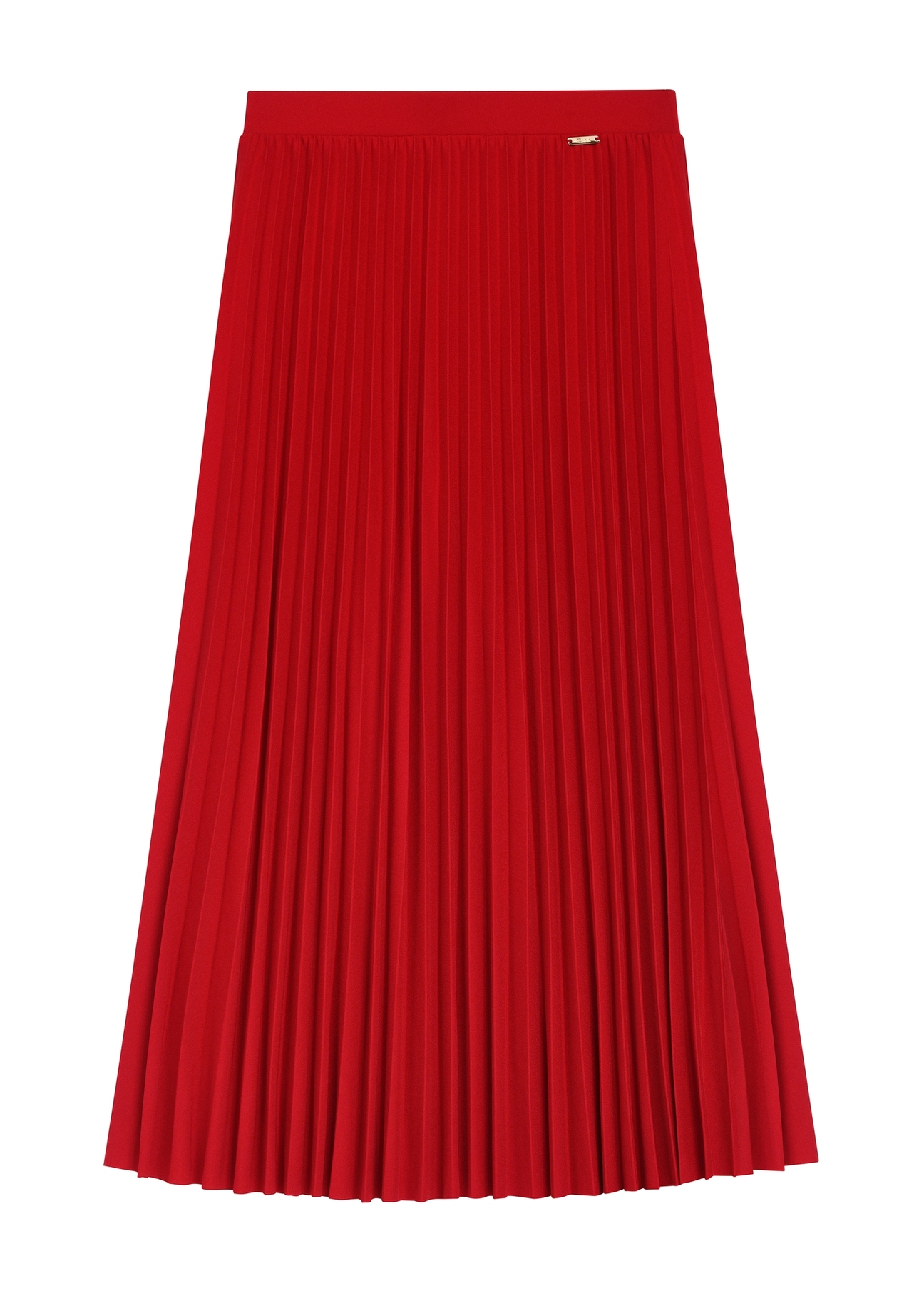 Red pleated midi skirt SPCDT-0096-4B(W26), front product view on white background.