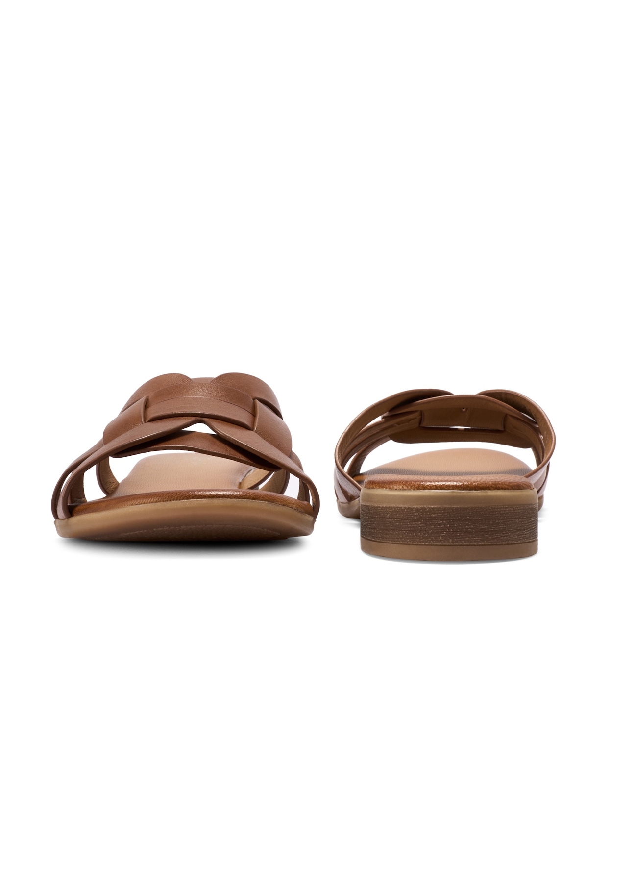 Women's leather mules in cognac color BUTYD-1266-1F(W26), front and back view of the product on a white background.
