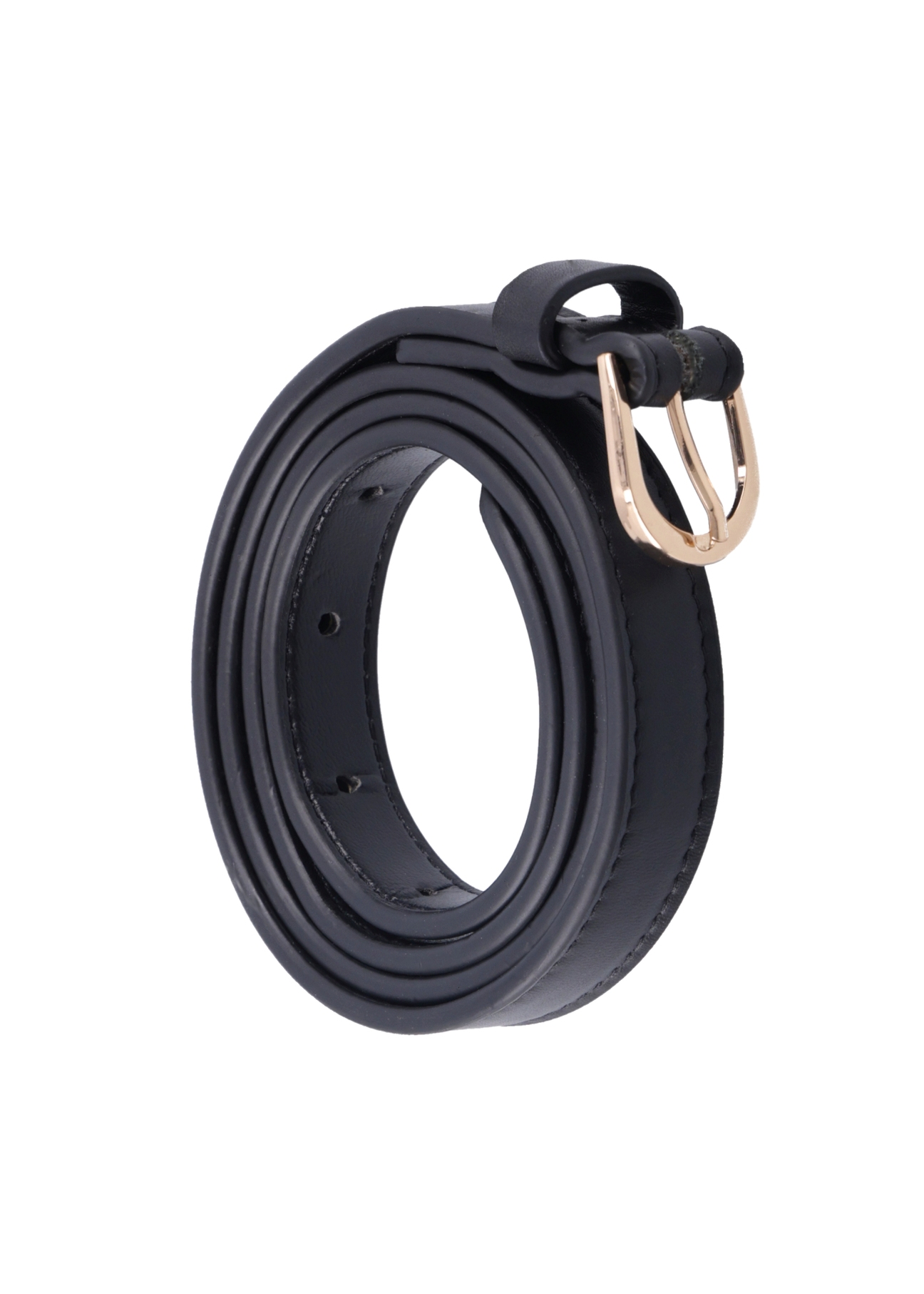 Black leather women's belt PASDS-0344-99(Z26), diagonal product view on white background.