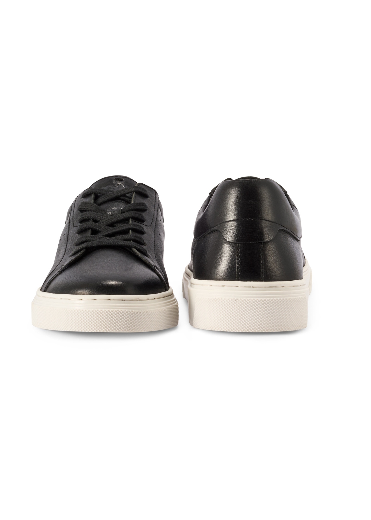 Men's black leather sneakers BUTYM-0486-99(W26), front and back product view on white background.