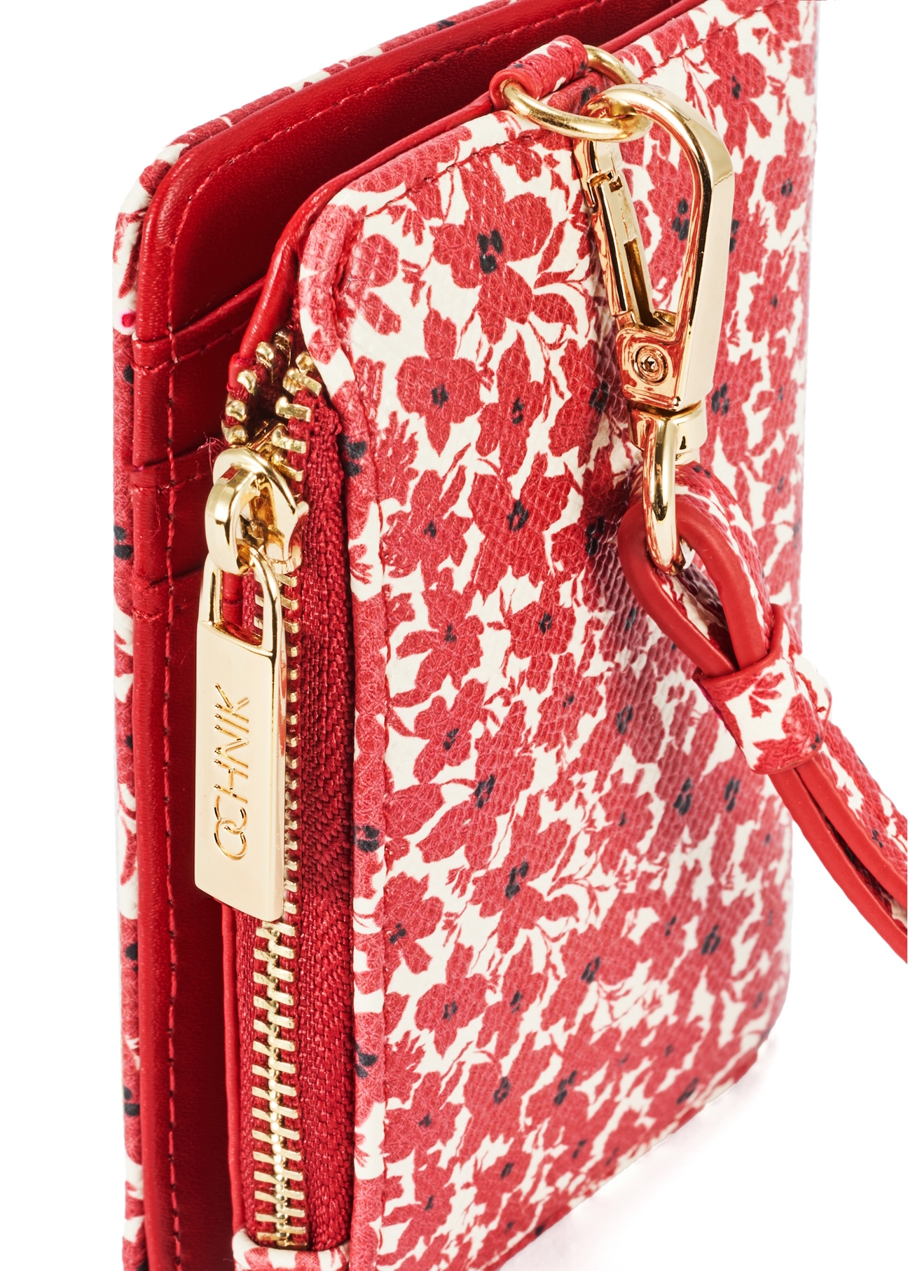 Red women's floral wallet POREC-0402-42(W25), close-up of product detail on white background.