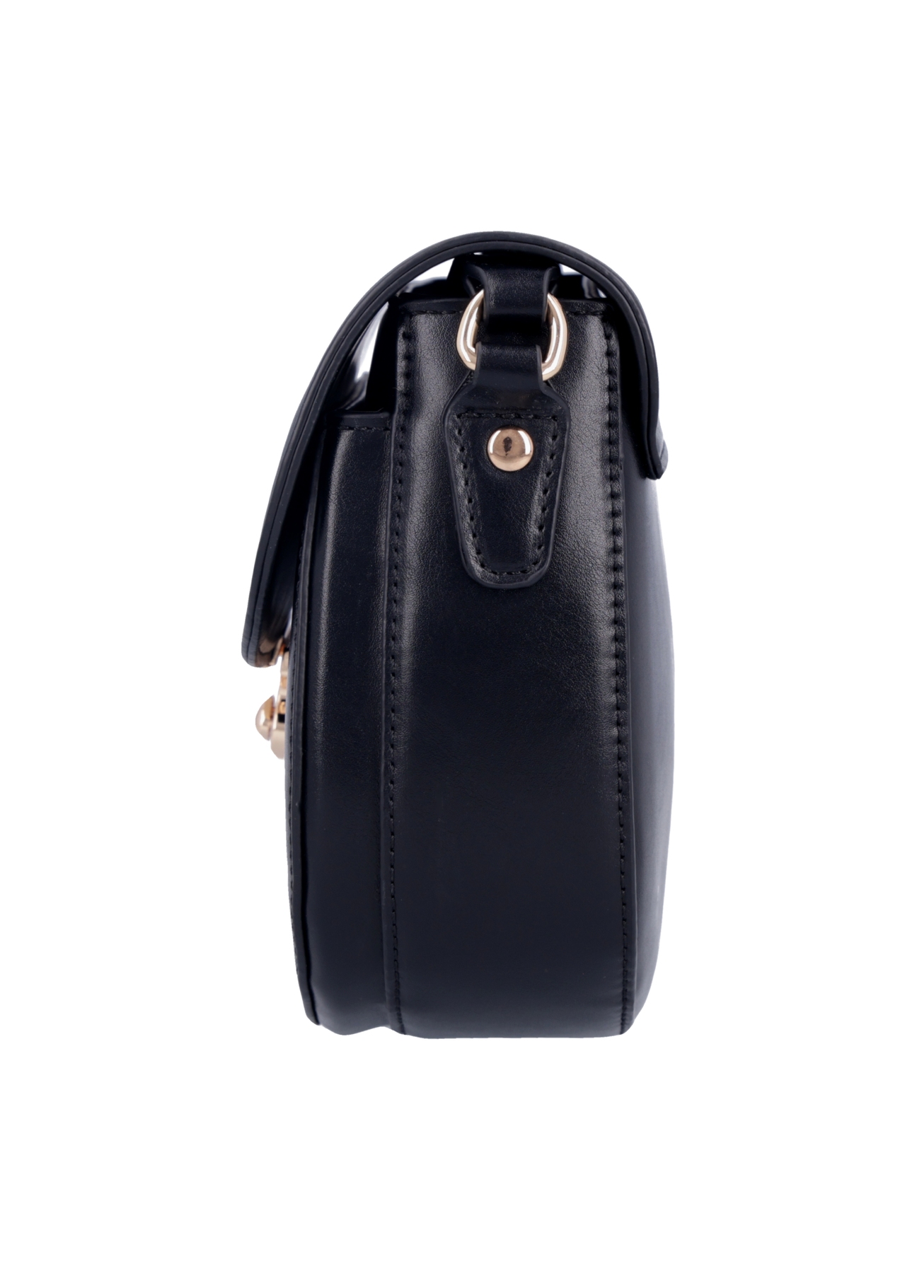 Small semi-circular black women's messenger bag TOREC-1390-99(Z26), side view of the product on a white background.