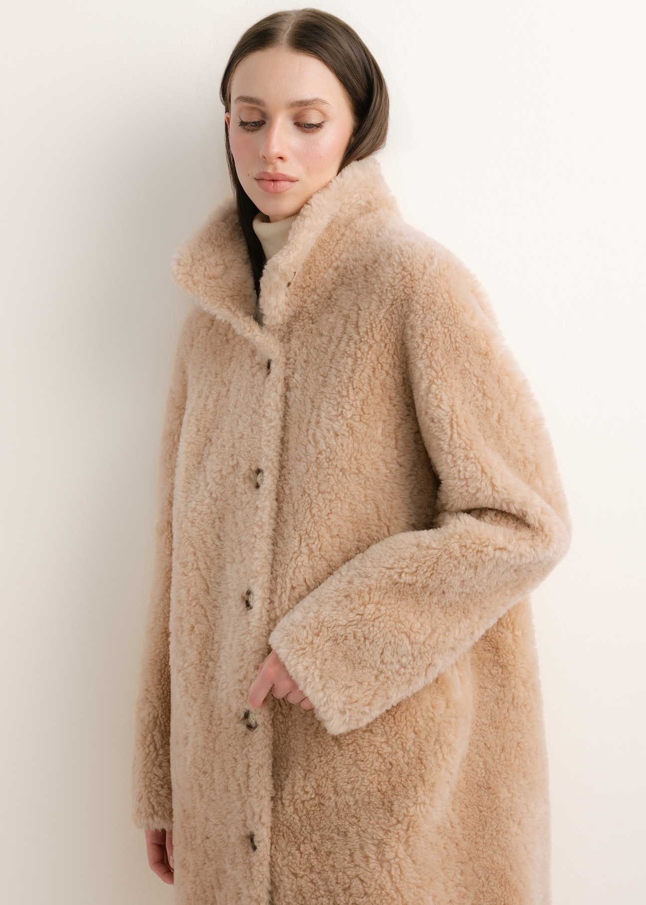 Cream women's wool coat FUTDW-0046-1A(Z26) – front view of the product on a model against a light background. Full-body shot.