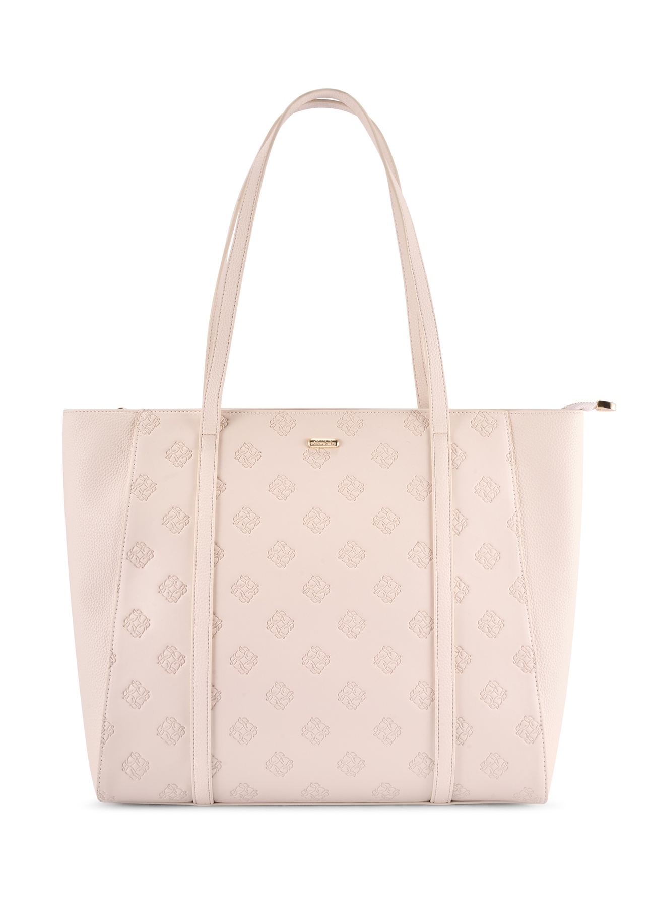 Cream monogram shopper bag TOREC-1160-0B(W26), front product view on white background.