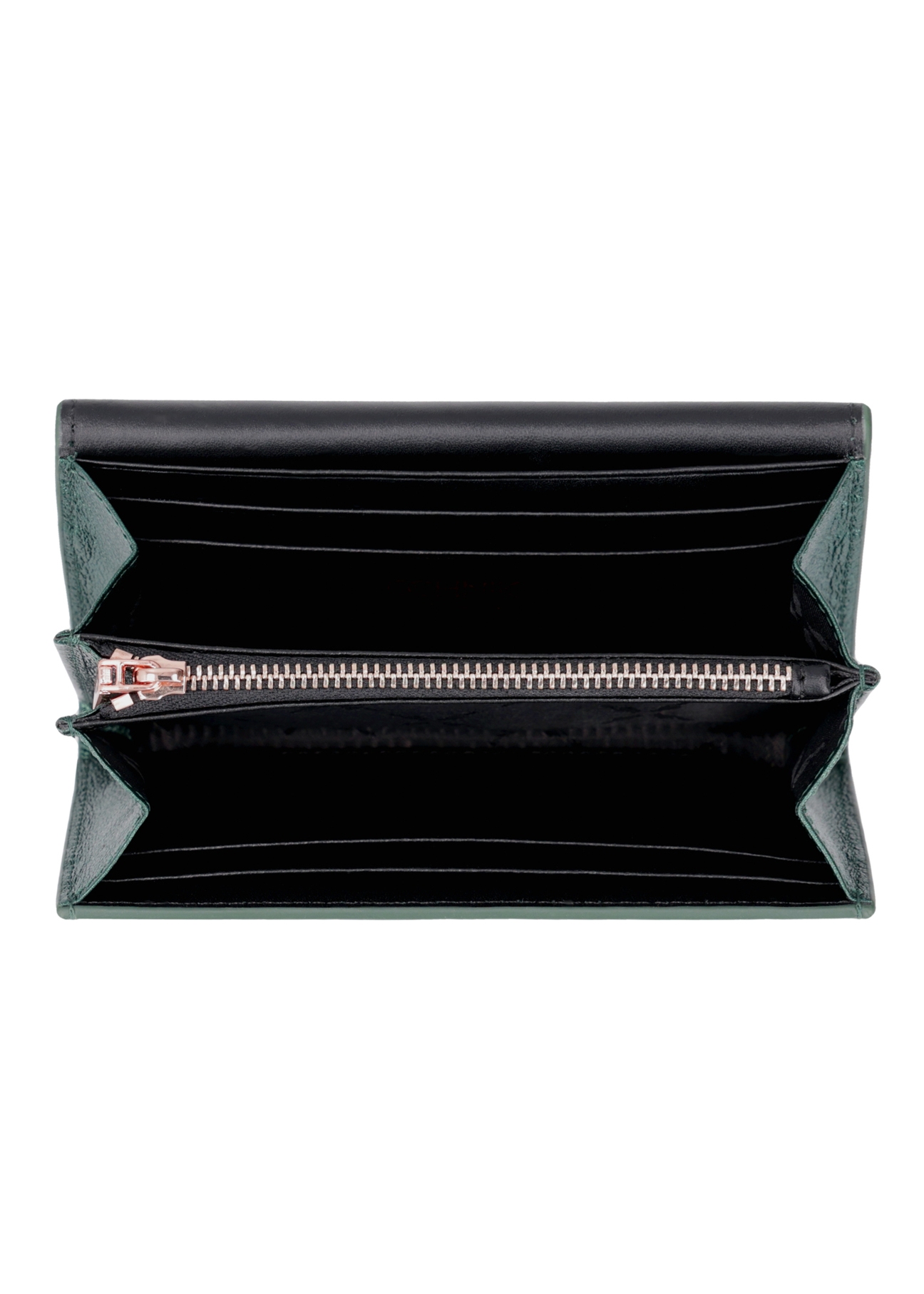 Medium dark green women's leather wallet PORES-1030-8C(Z26), product view inside on white background.
