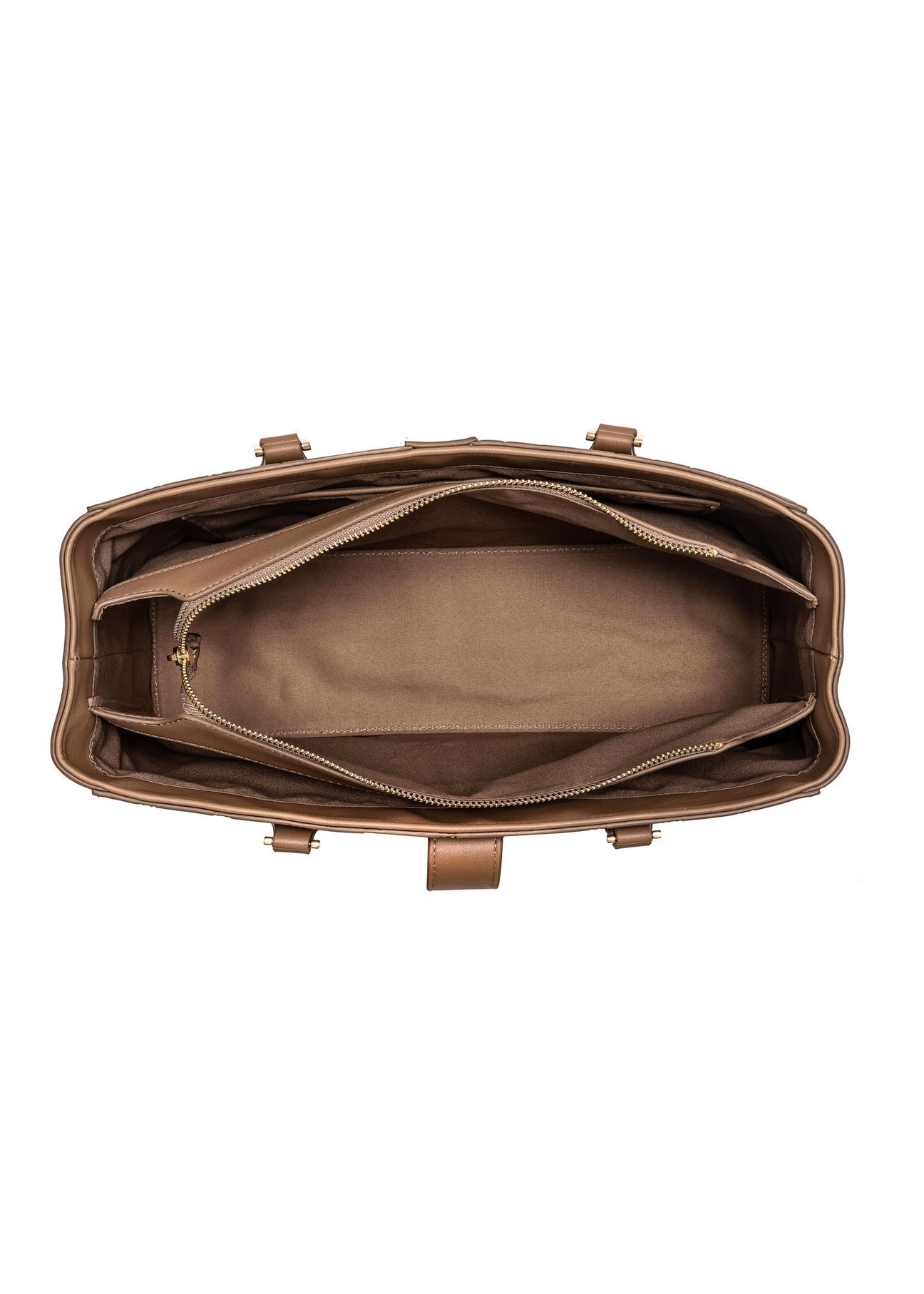 Beige women's handbag with monogram TOREC-0831A-81(Z25) - top view of the product on a white background.
