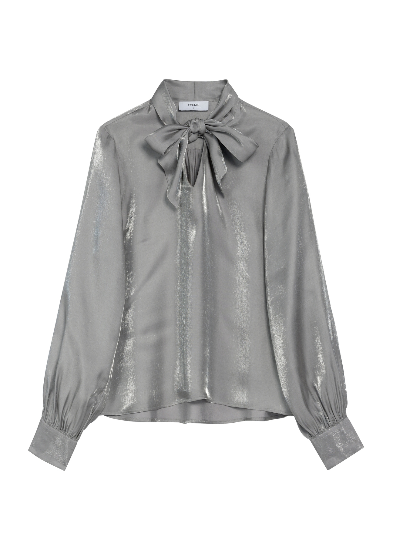 Silver women's blouse with tie BLUDT-0192-91(Z25), product view from the front on a white background.