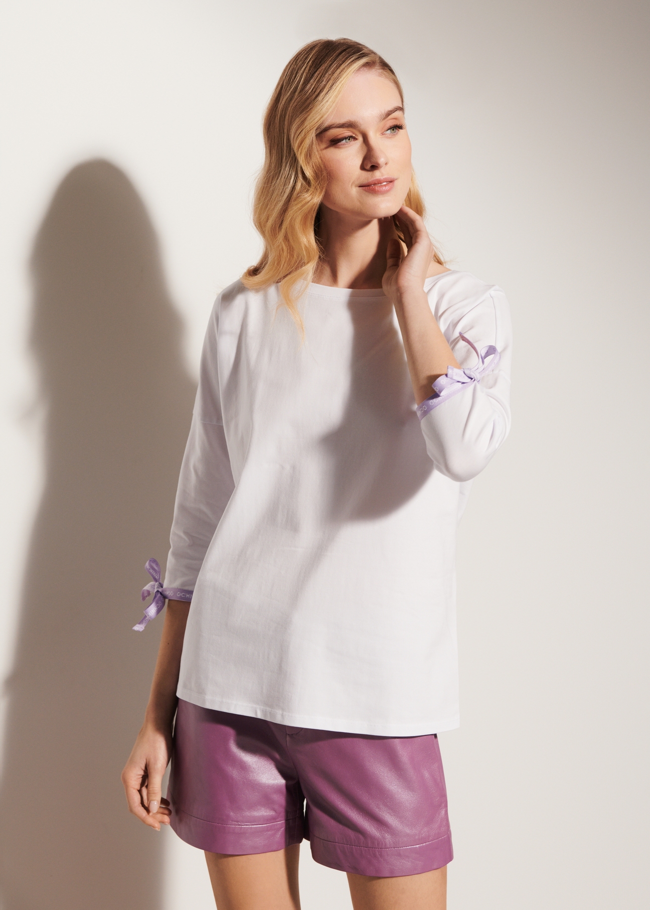 White women's blouse with binding BLUDT-0126-11(W23)-03