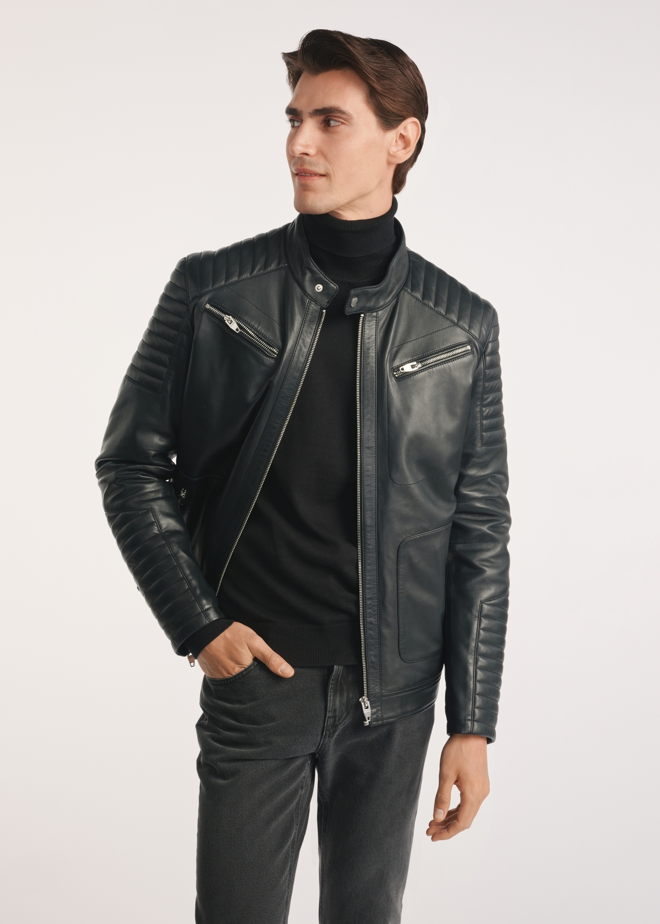 Black men's leather jacket KURMS-0382-1283(Z25), product visible from the front on the model, visible half of the silhouette.-02