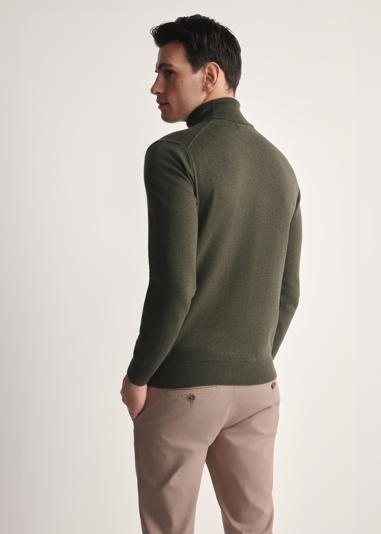 Men's turtleneck sweater in khaki color SWEMT-0095B-55(Z25), product view from the back on the model, half of the silhouette visible.